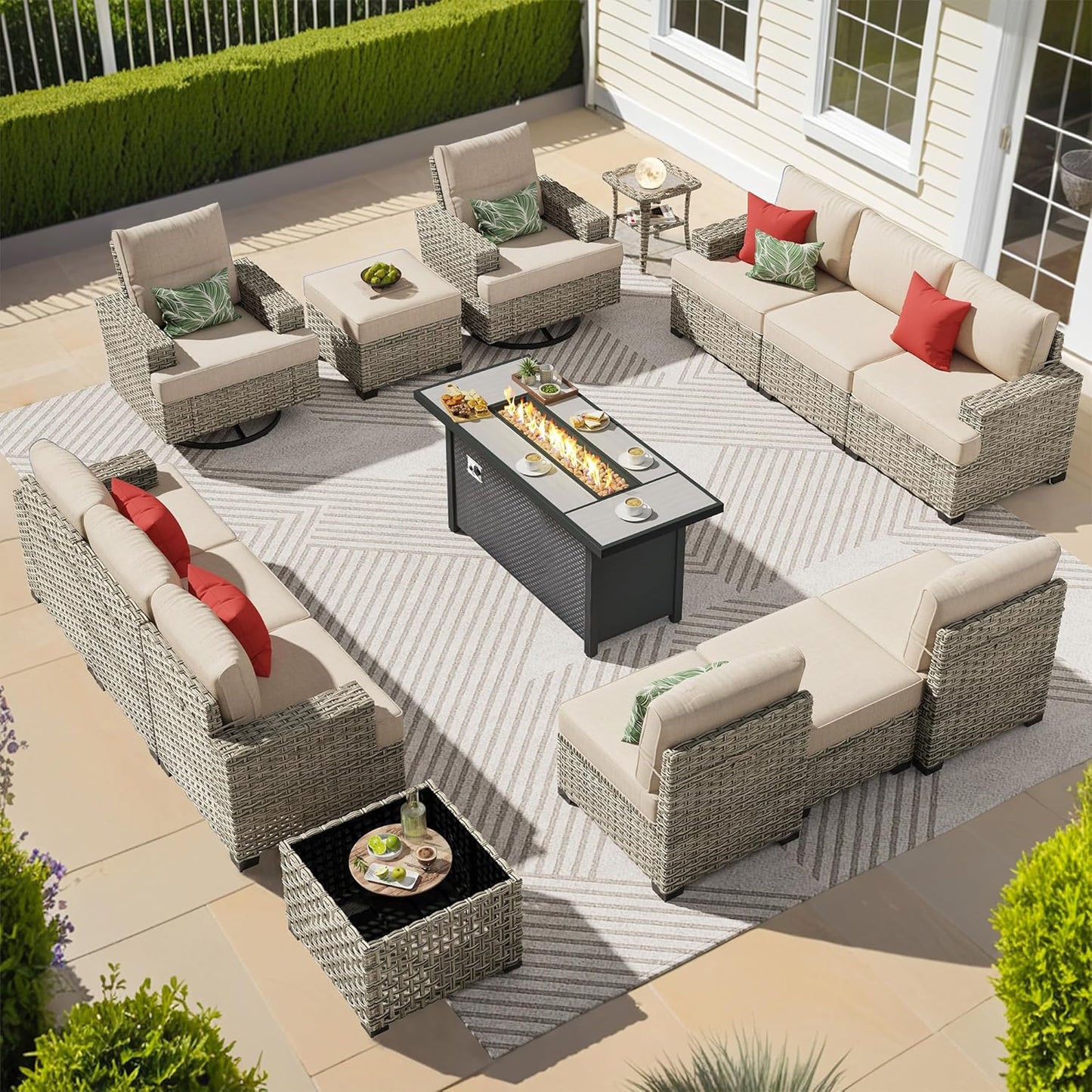 15-Piece Outdoor Sectional Sofa Set w/ 54" Fire Pit – L-Shaped Wicker Patio Furniture, Deep Seating & Swivel Rockers, Black