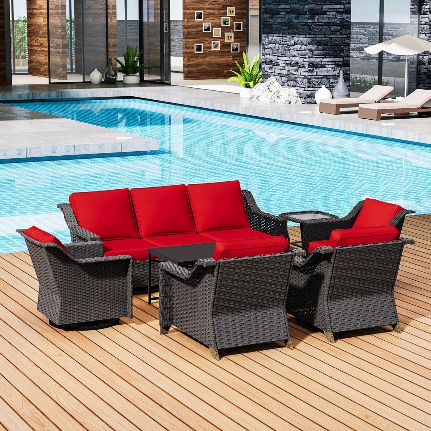 77'' Patio Sofa, All Weather Outdoor Rattan Wicker 3-Seat Sofa High Back Couch with Premium Cushions for Garden Backyard Porch(Brown/Navy)