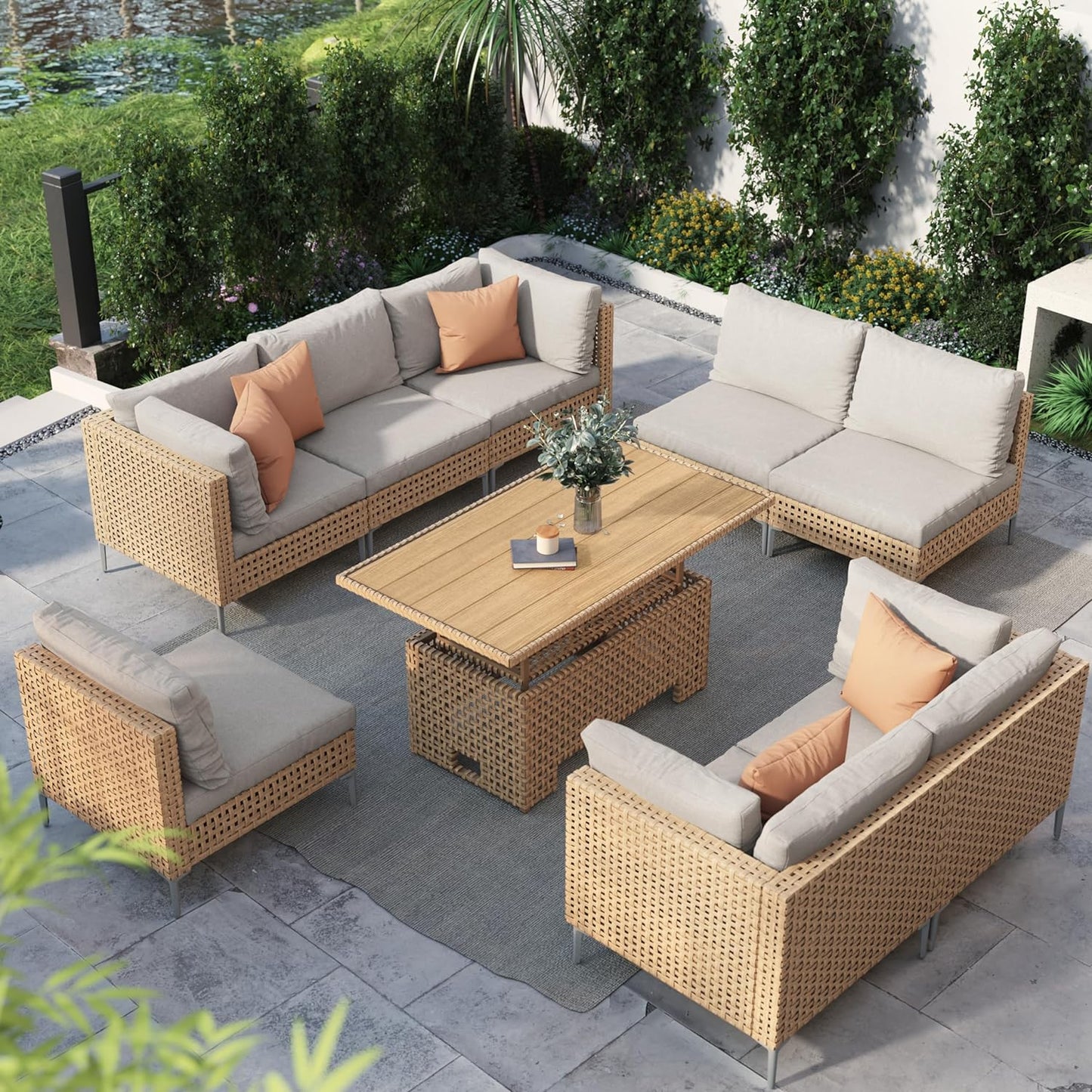 Grand patio 7-Piece Wicker Patio Furniture Set, Boho Outdoor Conversation Set Sectional Sofa with Water Resistant Thick Cushions and Coffee Table, Cream