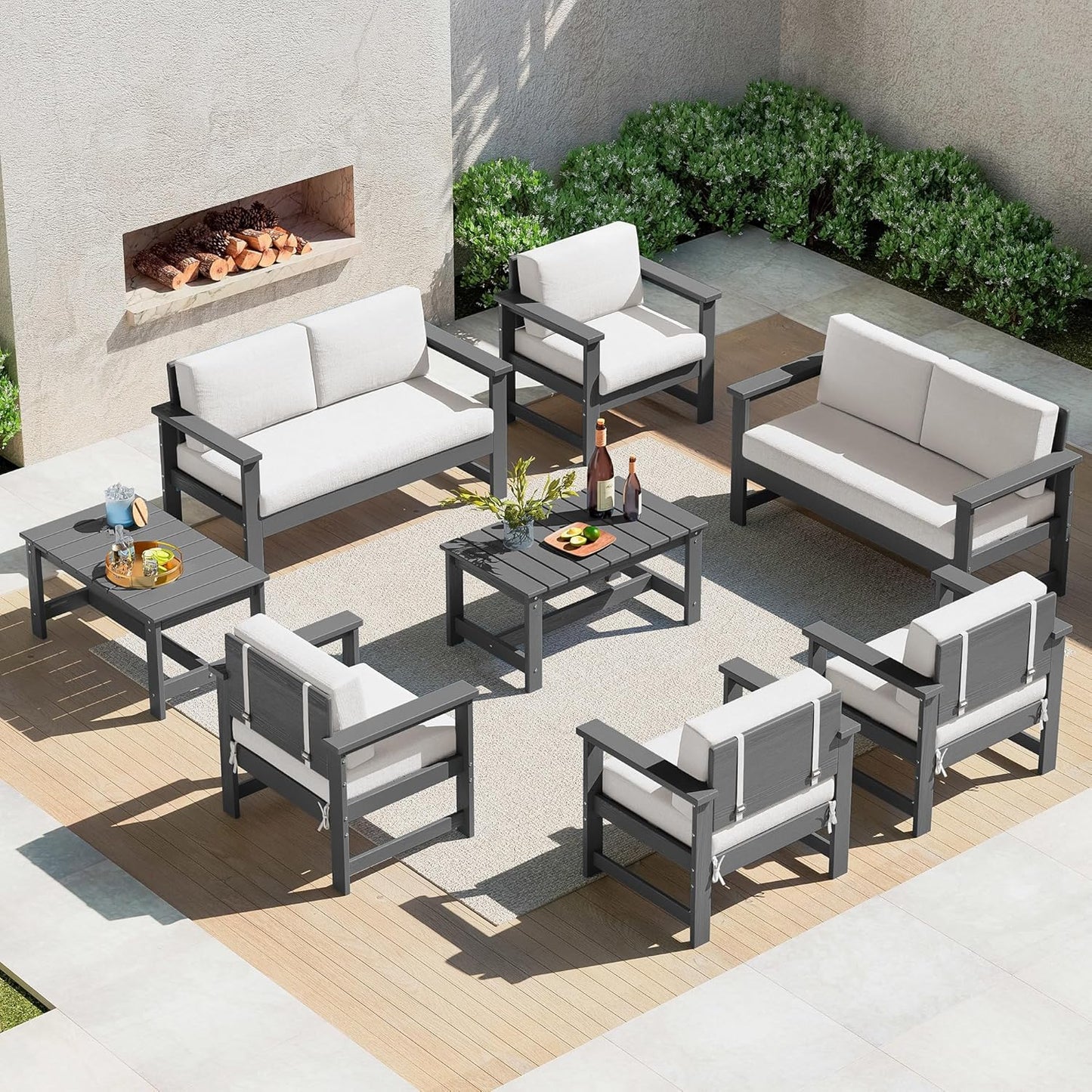 SERWALL 8 Pieces HDPE Outdoor Conversation Sofa Set with Cushions, All Weather Use Patio Couch Loveseat Furniture with Side Table for Balcony, Deck, Poolside, Black Frame with Khaki Cushions