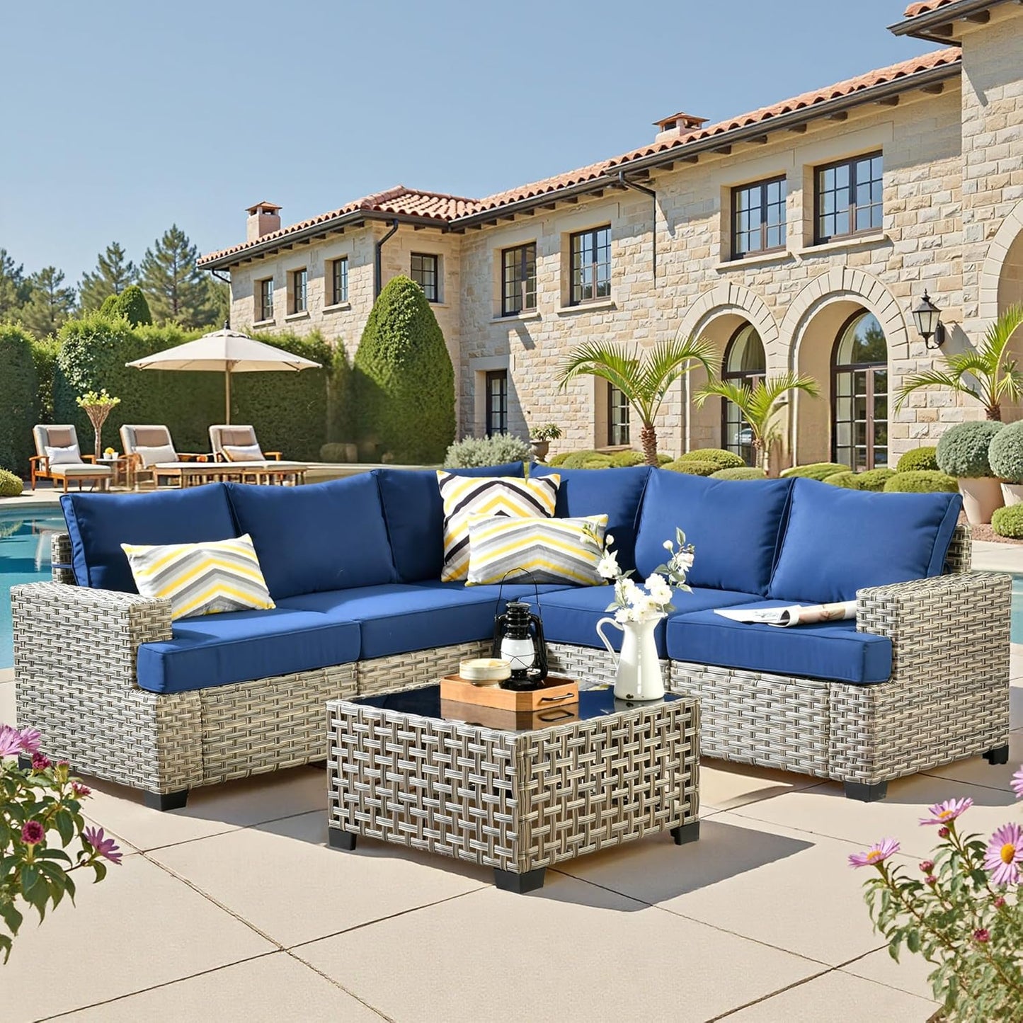 15-Piece Outdoor Sectional Sofa Set w/ 43" Fire Pit – L-Shaped Wicker Patio Furniture, Deep Seating & Swivel Rockers, Black