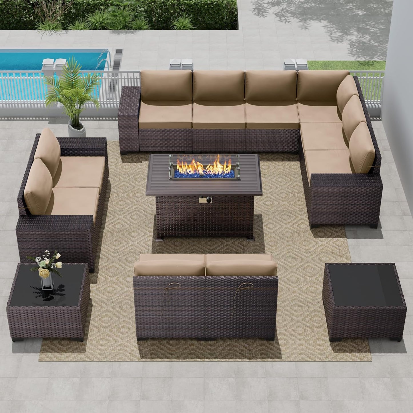 12 Pcs Outdoor Patio Furniture Set Outdoor Furniture All Weather Patio Sectional Sofa PE Wicker Modular Conversation Sets with Coffee Table, Swivel Rocking Chair (Grey)