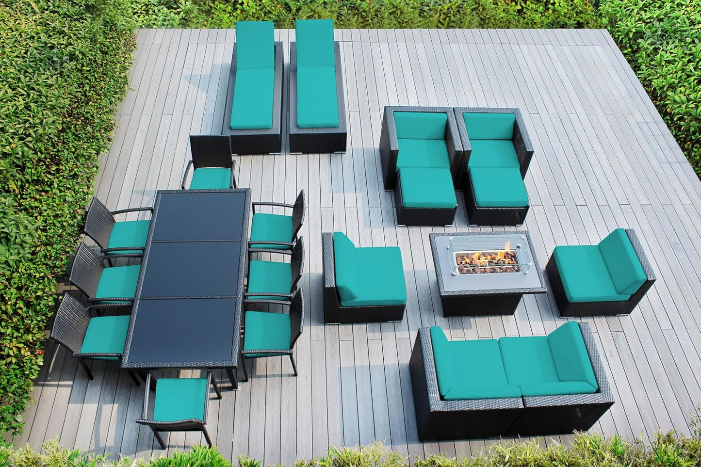 7 Piece Outdoor Patio Furniture Black Wicker Conversation Set with Fully Assembled Sectional and 42-inch Propane Gas Fire Table
