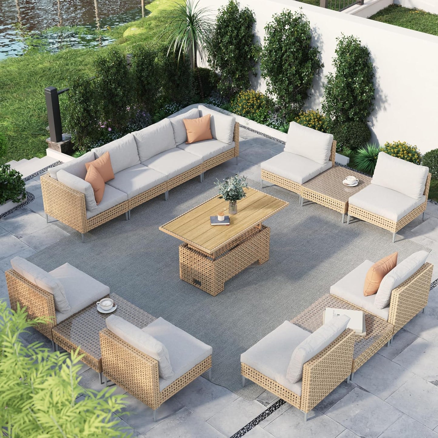Grand patio 7-Piece Wicker Patio Furniture Set, Boho Outdoor Conversation Set Sectional Sofa with Water Resistant Thick Cushions and Coffee Table, Cream