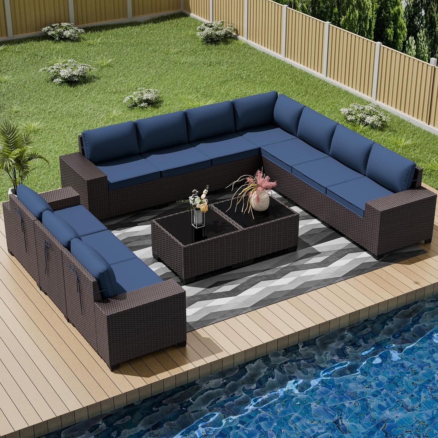 12 Pcs Outdoor Patio Furniture Set Outdoor Furniture All Weather Patio Sectional Sofa PE Wicker Modular Conversation Sets with Coffee Table, Swivel Rocking Chair (Grey)
