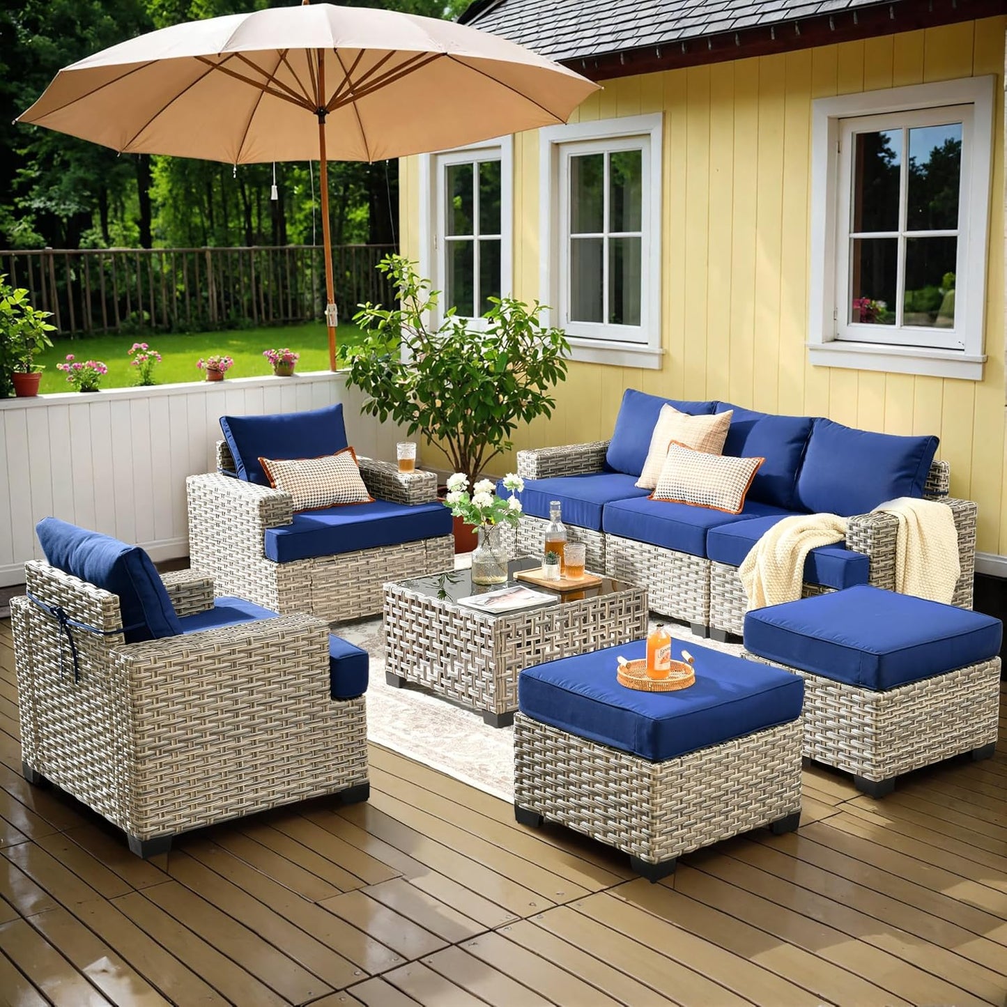 15-Piece Outdoor Sectional Sofa Set w/ 54" Fire Pit – L-Shaped Wicker Patio Furniture, Deep Seating & Swivel Rockers, Black