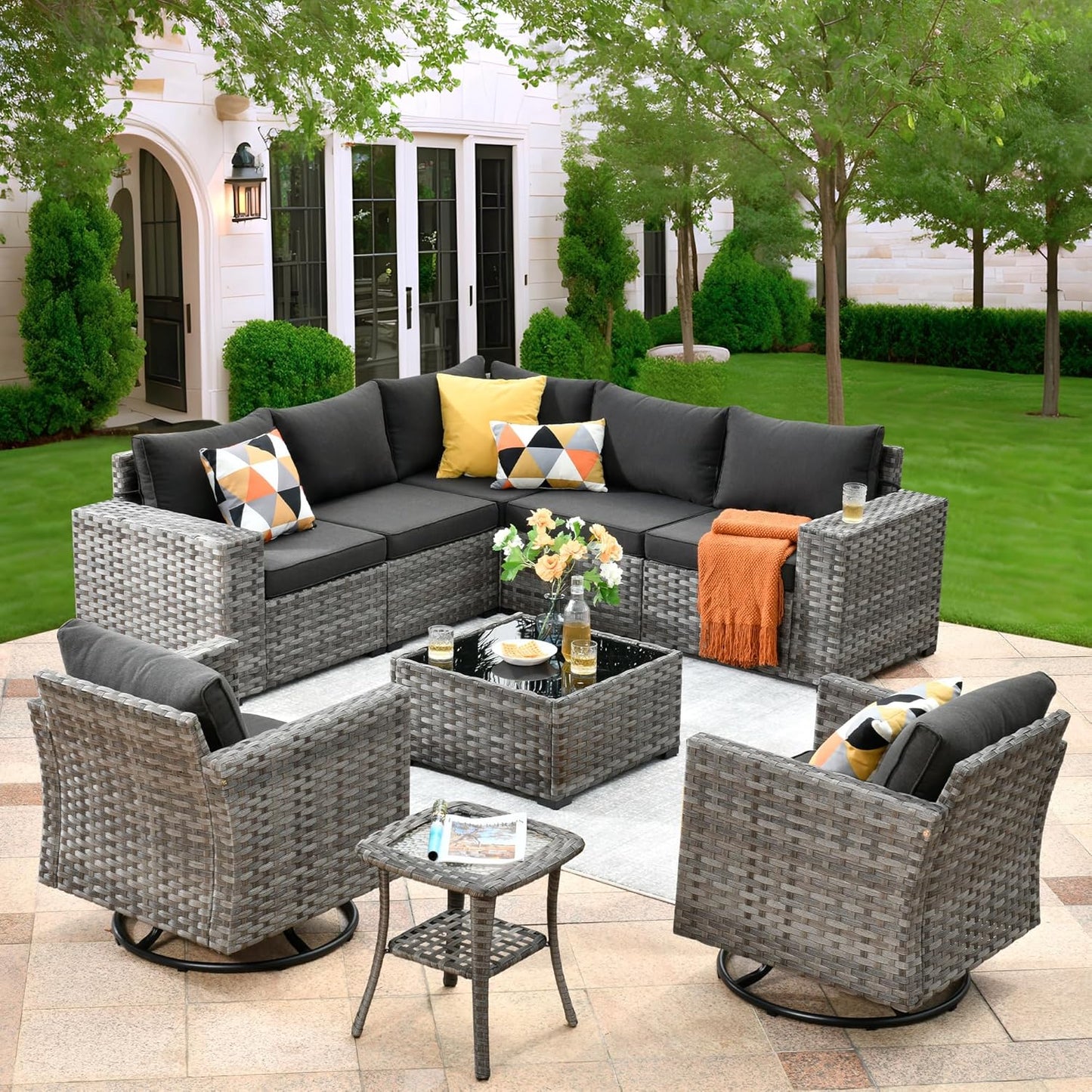 ovios 16 Pieces Patio Furniture Set, Outdoor Wicker Sectional Sofa with 54" Fire Pit Table Swivel Chairs, Modern Modular Deep Seat Rattan Couch Conversation Sets, Beige