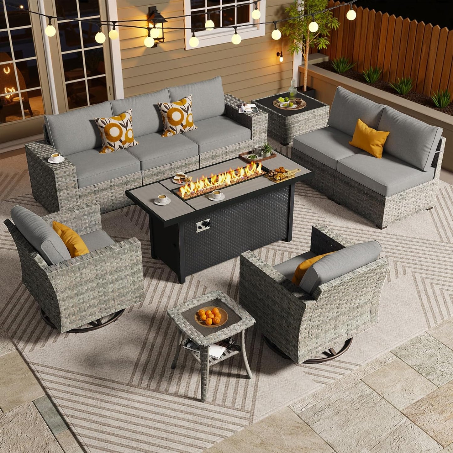 ovios 16 Pieces Patio Furniture Set, Outdoor Wicker Sectional Sofa with 54" Fire Pit Table Swivel Chairs, Modern Modular Deep Seat Rattan Couch Conversation Sets, Beige