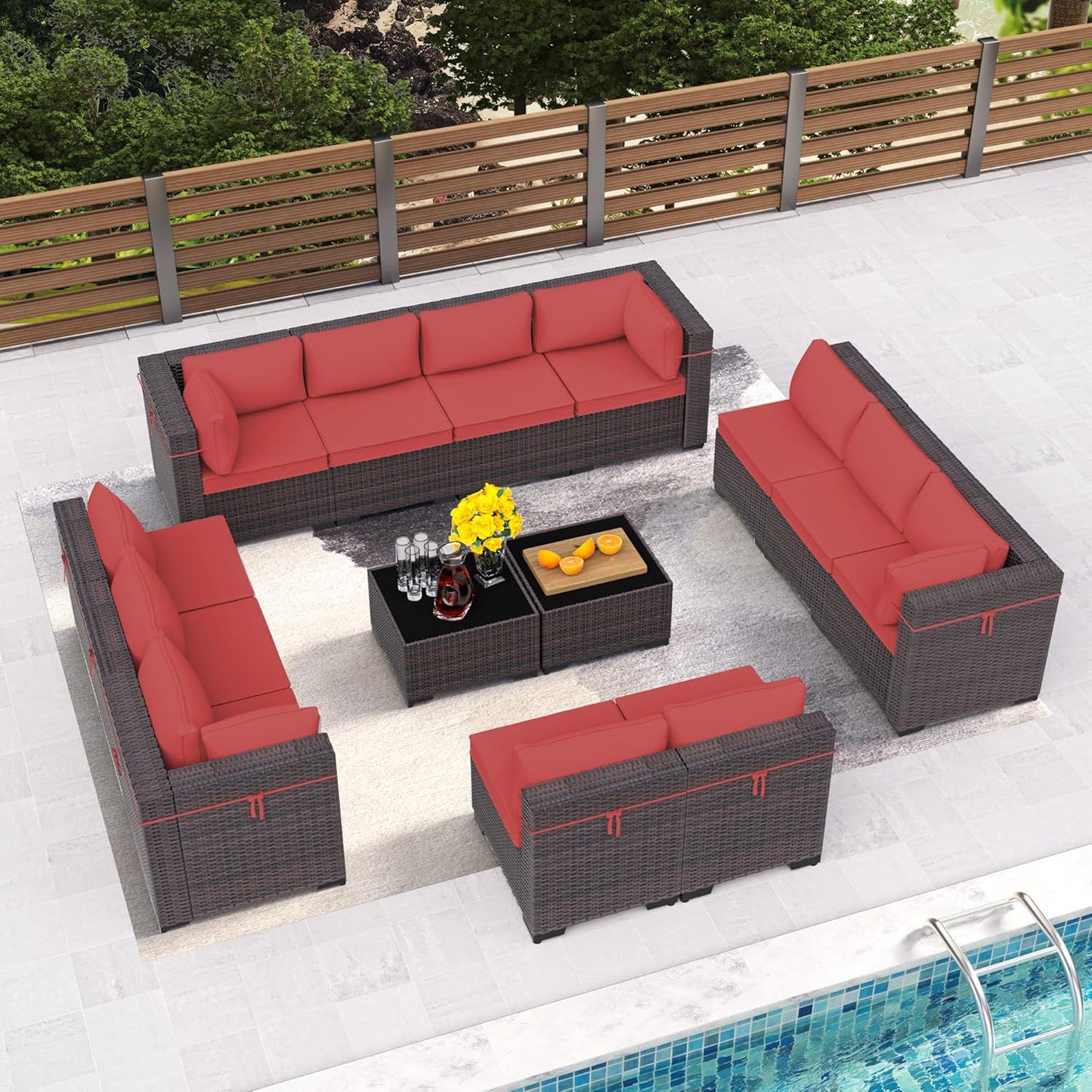 12 Pcs Outdoor Patio Furniture Set Outdoor Furniture All Weather Patio Sectional Sofa PE Wicker Modular Conversation Sets with Coffee Table, Swivel Rocking Chair (Grey)