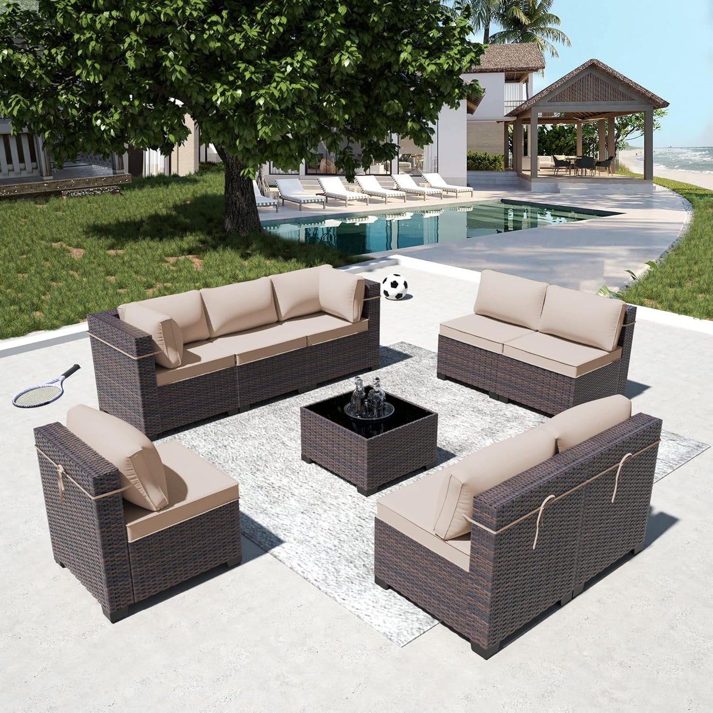 12 Pcs Outdoor Patio Furniture Set Outdoor Furniture All Weather Patio Sectional Sofa PE Wicker Modular Conversation Sets with Coffee Table, Swivel Rocking Chair (Grey)