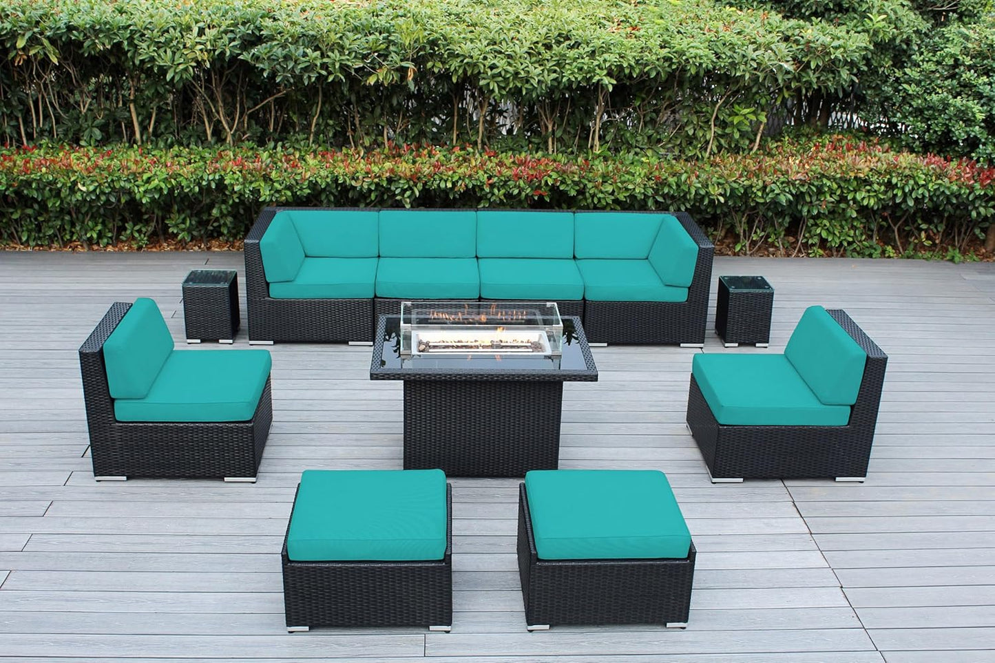 7 Piece Outdoor Patio Furniture Black Wicker Conversation Set with Fully Assembled Sectional and 42-inch Propane Gas Fire Table