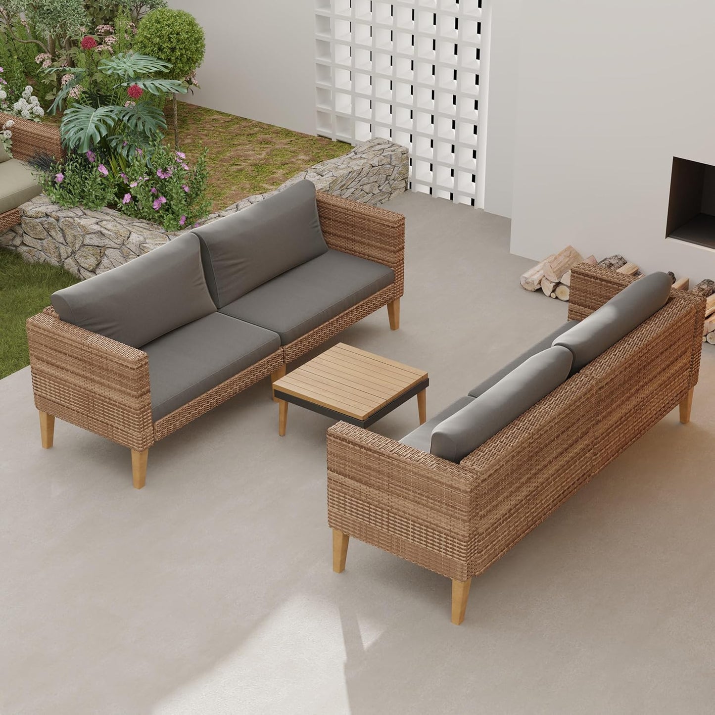 WiberWi Outdoor Couch, All Weather Patio Sofa with Acacia Wood Legs, PE Wicker Outdoor Furniture Deep Seating, Rattan Loveseat for Garden, Backyard, Balcony and Porch, Grey