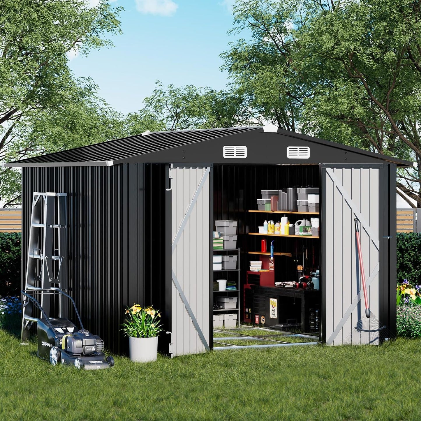 COMHOMA Shed Outdoor Storage Shed Metal,Lockable Doors Tool Sheds with Sloping Roof,Steel Garden Shed with Air Vent for Backyard,Patio,Lawn,Poolside (Grey, 5x3)