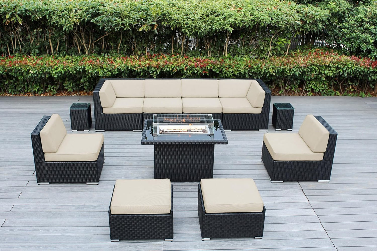7 Piece Outdoor Patio Furniture Black Wicker Conversation Set with Fully Assembled Sectional and 42-inch Propane Gas Fire Table