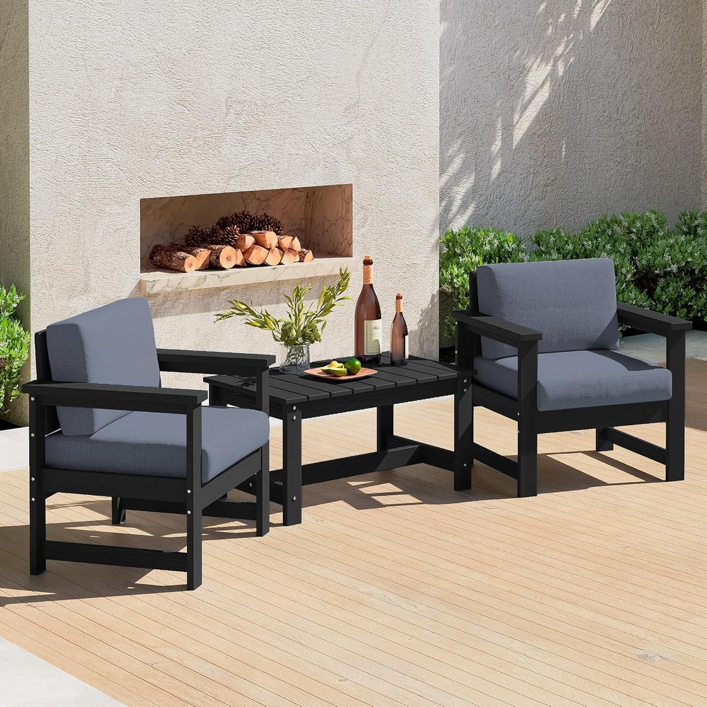 SERWALL 8 Pieces HDPE Outdoor Conversation Sofa Set with Cushions, All Weather Use Patio Couch Loveseat Furniture with Side Table for Balcony, Deck, Poolside, Black Frame with Khaki Cushions