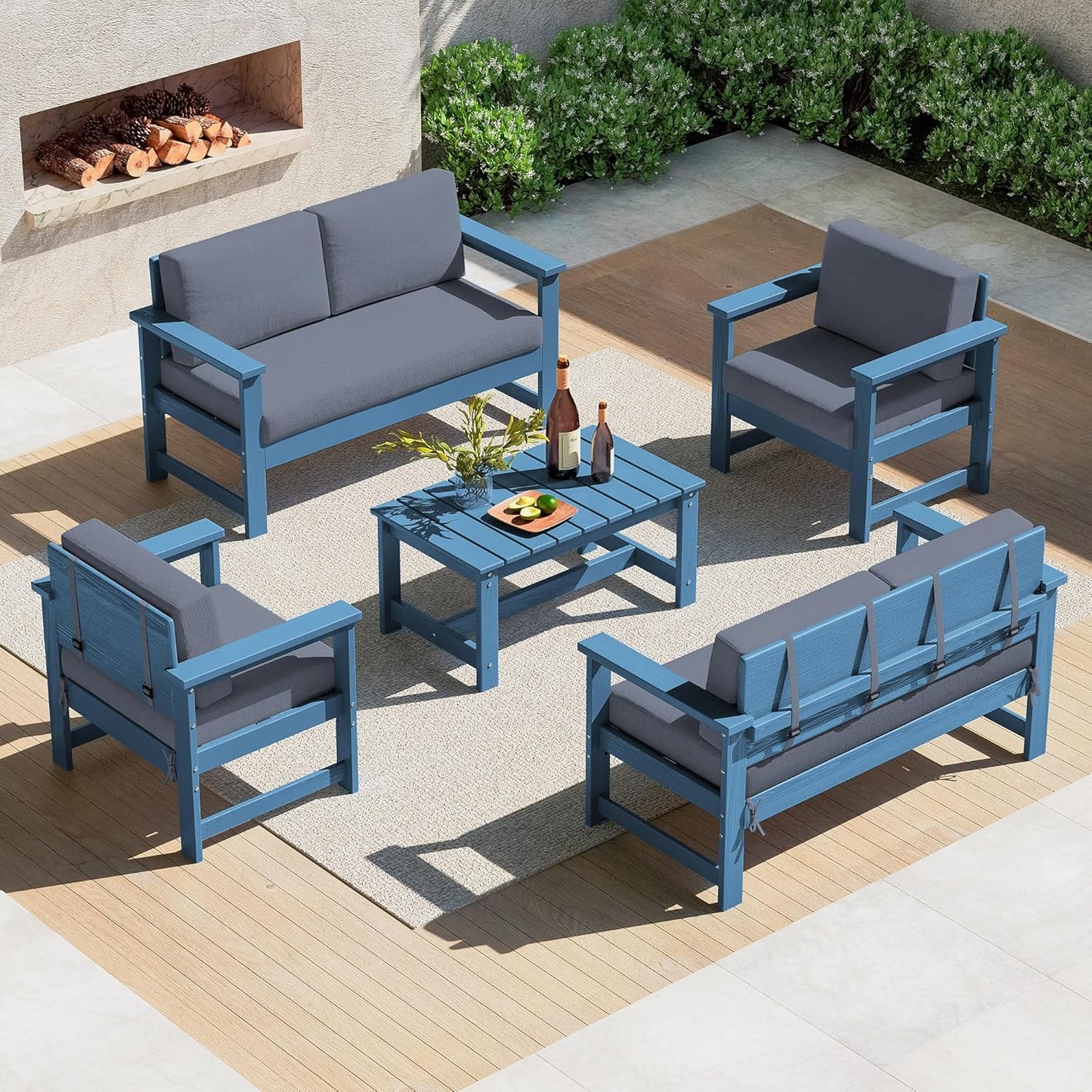 SERWALL 8 Pieces HDPE Outdoor Conversation Sofa Set with Cushions, All Weather Use Patio Couch Loveseat Furniture with Side Table for Balcony, Deck, Poolside, Black Frame with Khaki Cushions