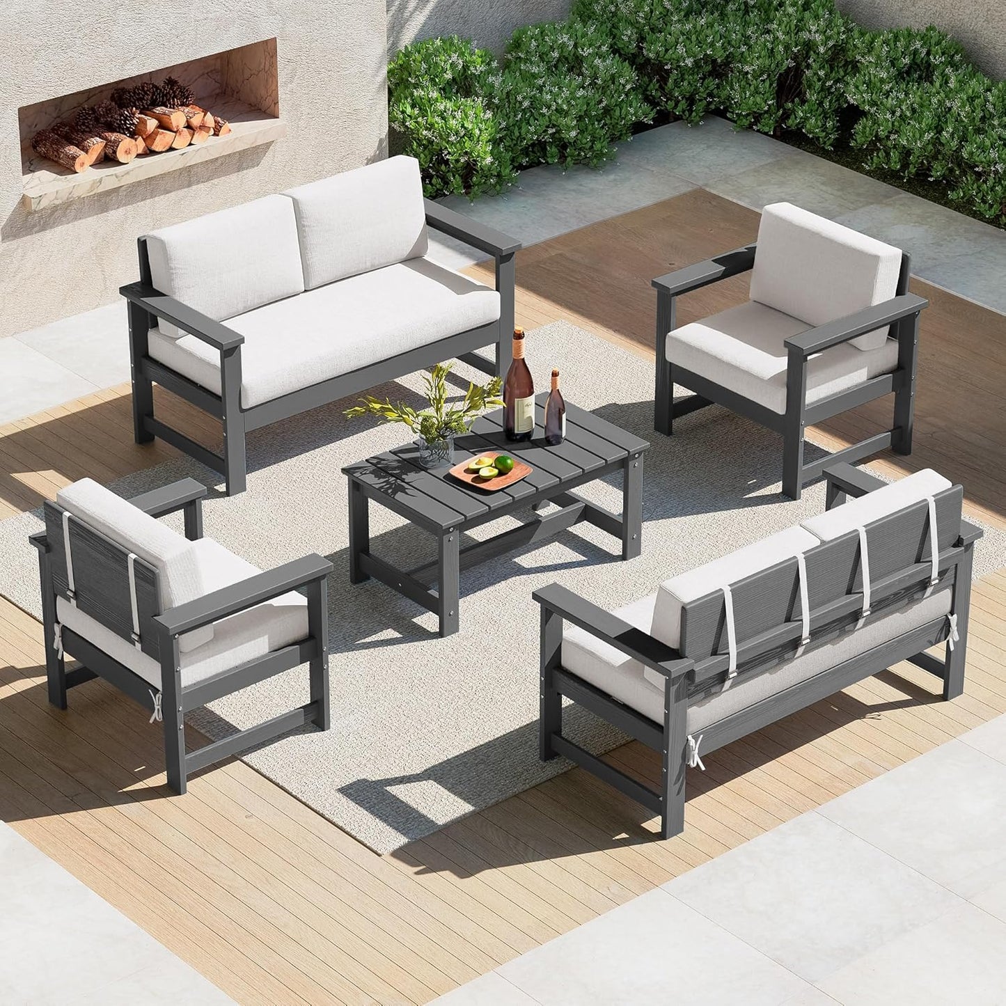 SERWALL 8 Pieces HDPE Outdoor Conversation Sofa Set with Cushions, All Weather Use Patio Couch Loveseat Furniture with Side Table for Balcony, Deck, Poolside, Black Frame with Khaki Cushions
