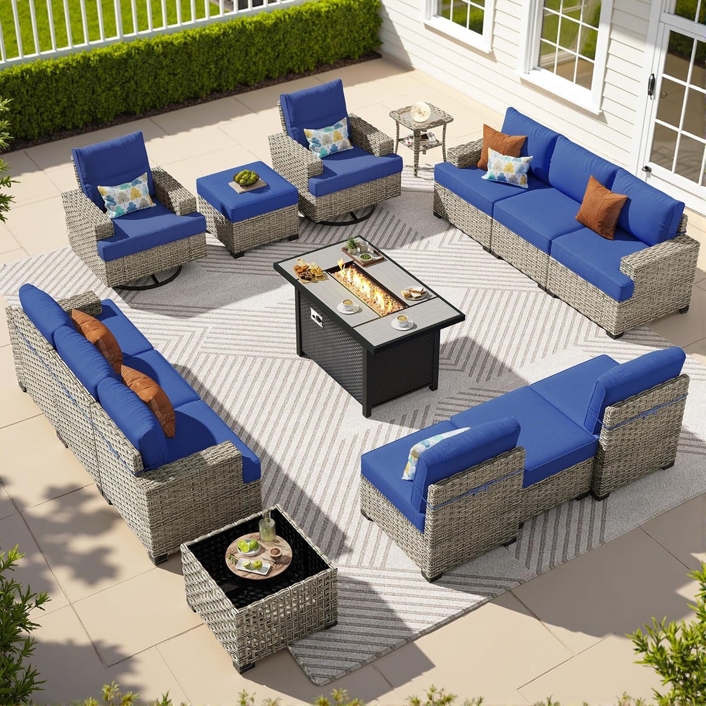 15-Piece Outdoor Sectional Sofa Set w/ 54" Fire Pit – L-Shaped Wicker Patio Furniture, Deep Seating & Swivel Rockers, Black