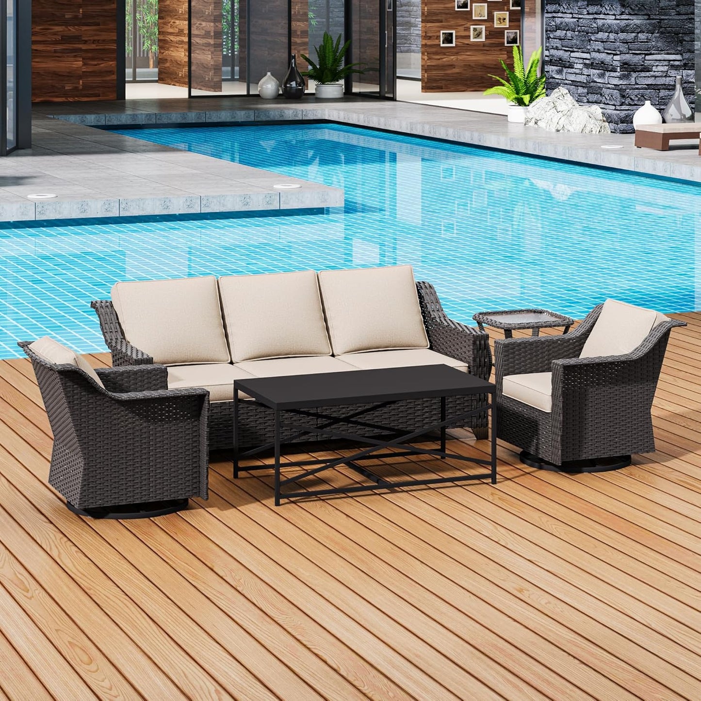 77'' Patio Sofa, All Weather Outdoor Rattan Wicker 3-Seat Sofa High Back Couch with Premium Cushions for Garden Backyard Porch(Brown/Navy)