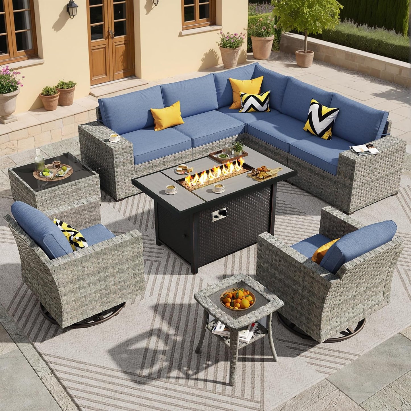ovios 16 Pieces Patio Furniture Set, Outdoor Wicker Sectional Sofa with 54" Fire Pit Table Swivel Chairs, Modern Modular Deep Seat Rattan Couch Conversation Sets, Beige