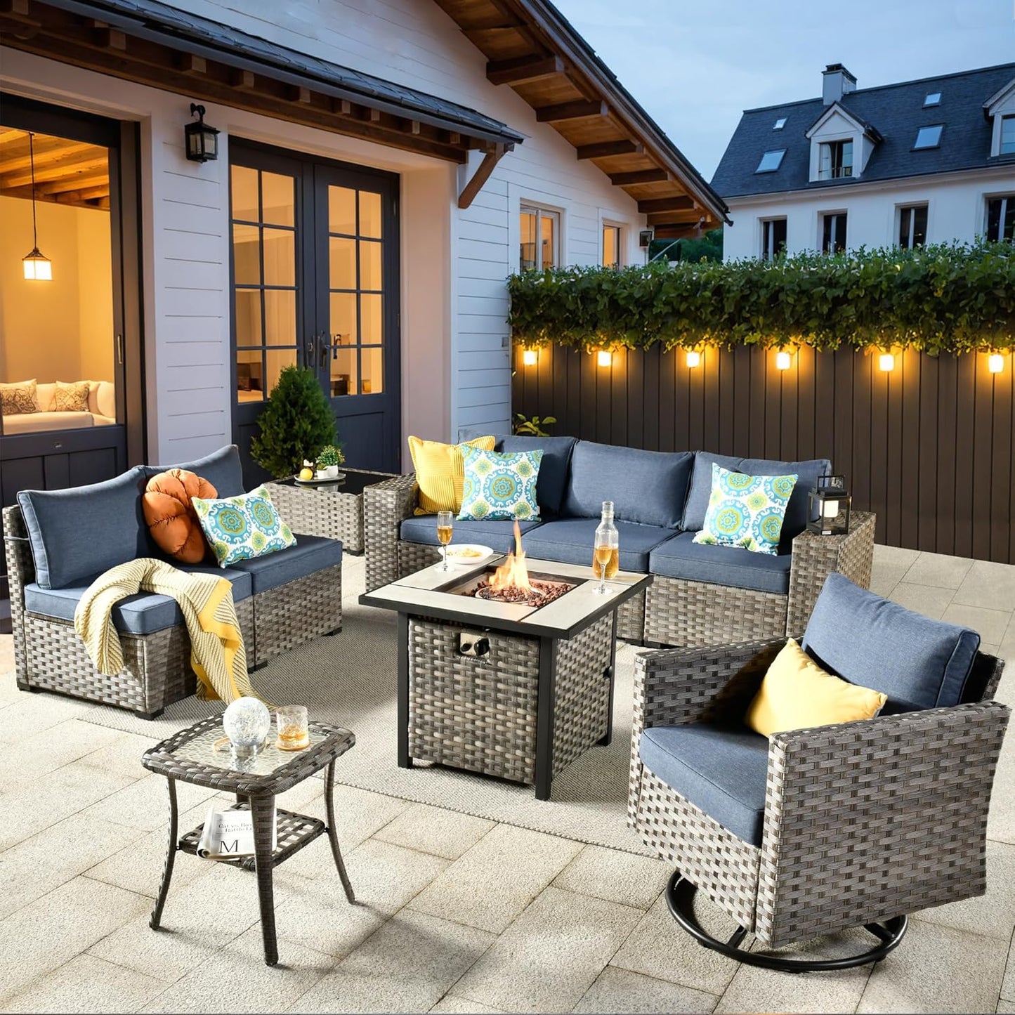 ovios 16 Pieces Patio Furniture Set, Outdoor Wicker Sectional Sofa with 54" Fire Pit Table Swivel Chairs, Modern Modular Deep Seat Rattan Couch Conversation Sets, Beige