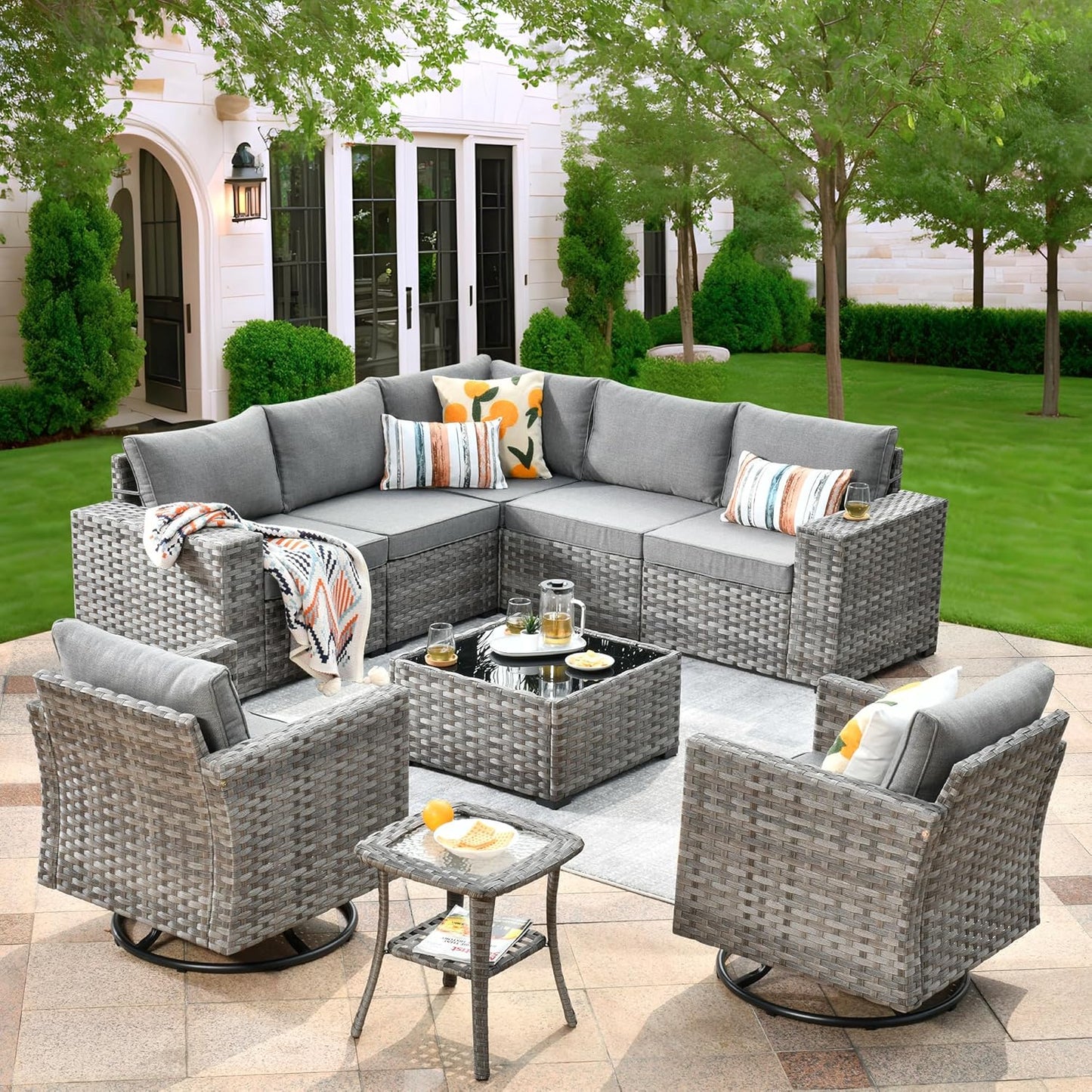 ovios 16 Pieces Patio Furniture Set, Outdoor Wicker Sectional Sofa with 54" Fire Pit Table Swivel Chairs, Modern Modular Deep Seat Rattan Couch Conversation Sets, Beige