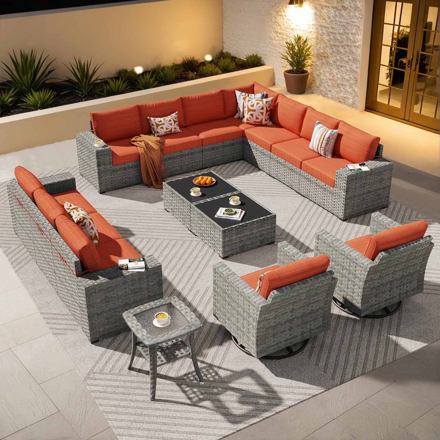 ovios 16 Pieces Patio Furniture Set, Outdoor Wicker Sectional Sofa with 54" Fire Pit Table Swivel Chairs, Modern Modular Deep Seat Rattan Couch Conversation Sets, Beige