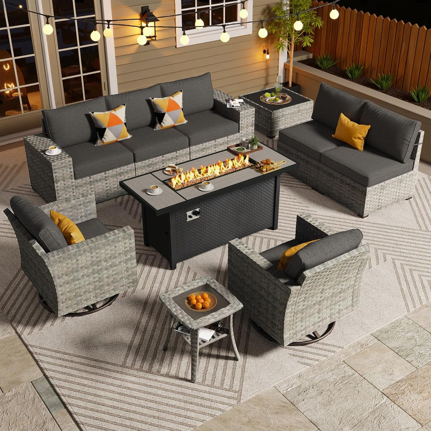 ovios 16 Pieces Patio Furniture Set, Outdoor Wicker Sectional Sofa with 54" Fire Pit Table Swivel Chairs, Modern Modular Deep Seat Rattan Couch Conversation Sets, Beige