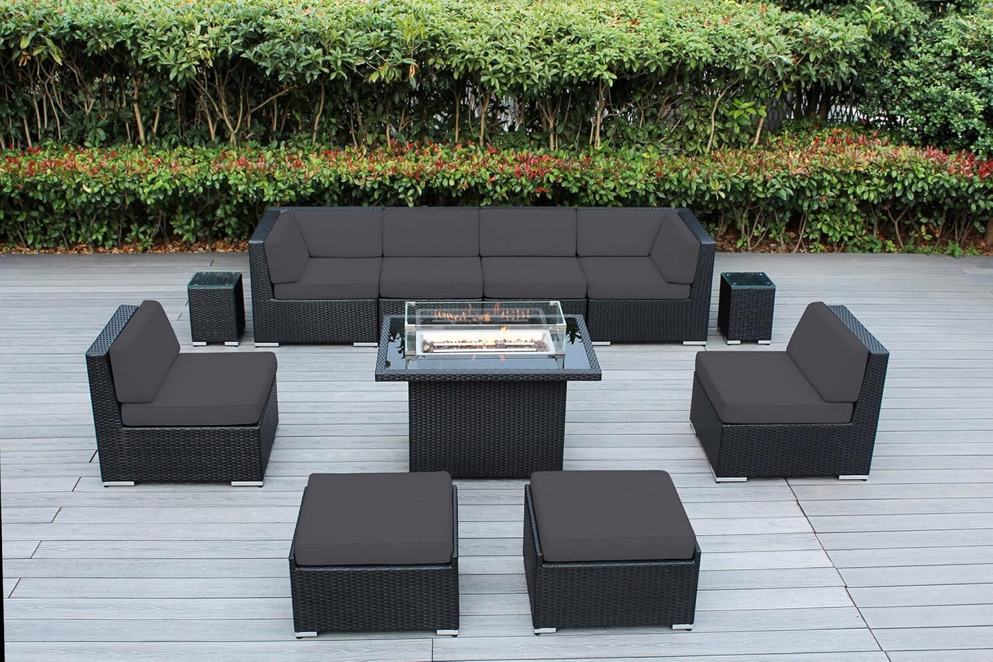 7 Piece Outdoor Patio Furniture Black Wicker Conversation Set with Fully Assembled Sectional and 42-inch Propane Gas Fire Table