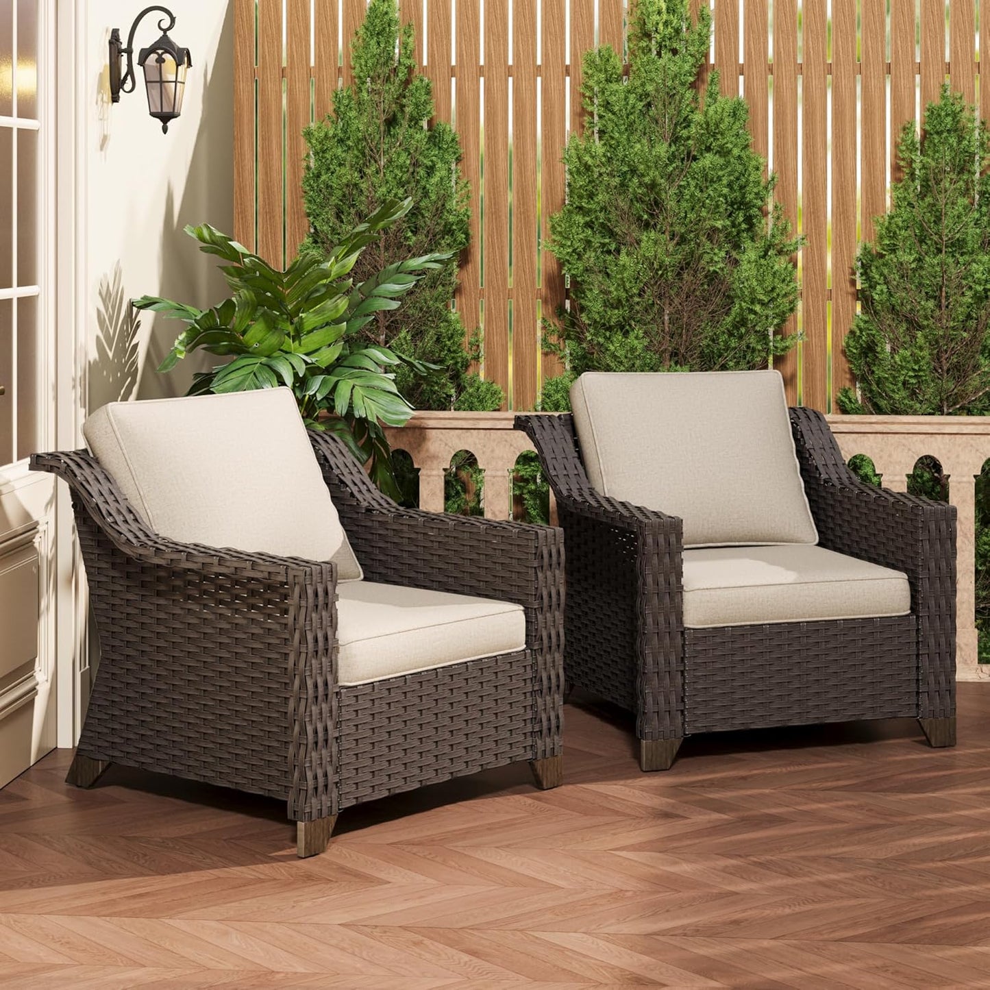 77'' Patio Sofa, All Weather Outdoor Rattan Wicker 3-Seat Sofa High Back Couch with Premium Cushions for Garden Backyard Porch(Brown/Navy)