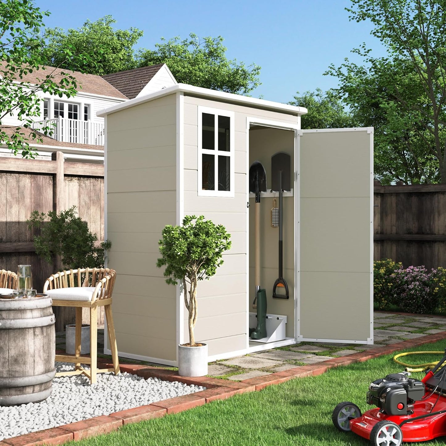 UDPATIO Outdoor Resin Storage Shed 6x4.5 FT, Plastic Garden Shed for Bike, Garbage Can, Tool, Outside Sheds with Lockable Door for Backyard, Patio, Lawn, Grey & White