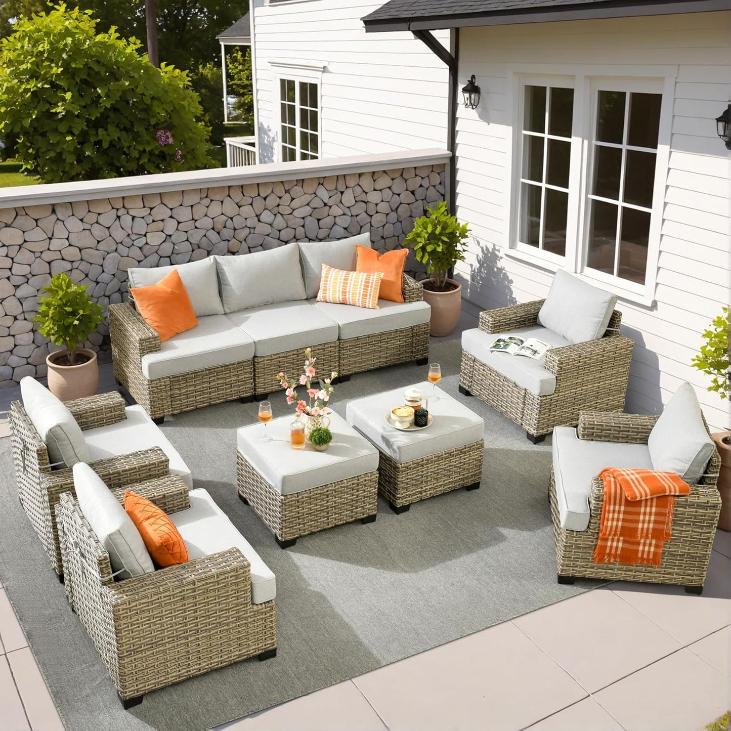 15-Piece Outdoor Sectional Sofa Set w/ 54" Fire Pit – L-Shaped Wicker Patio Furniture, Deep Seating & Swivel Rockers, Black