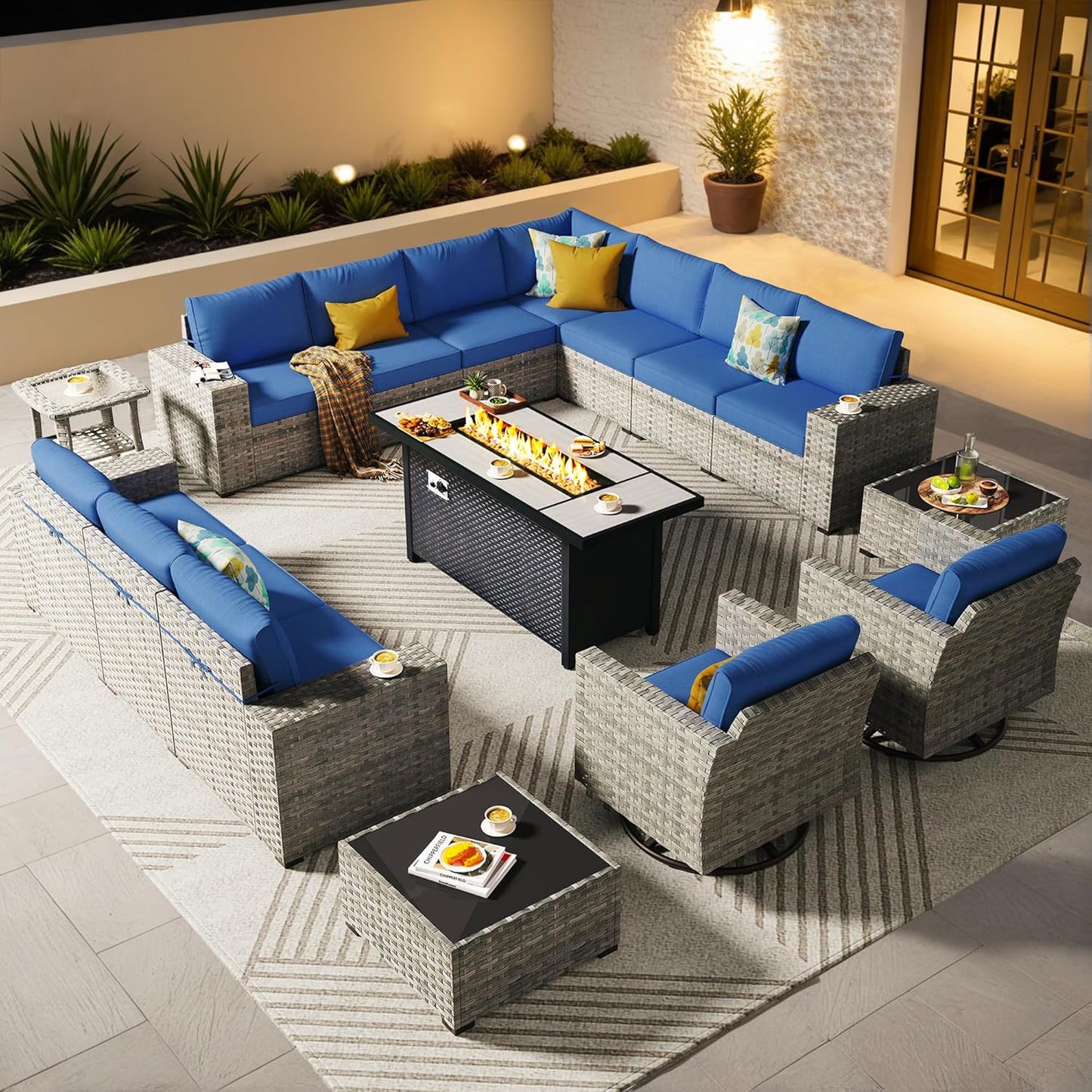 ovios 16 Pieces Patio Furniture Set, Outdoor Wicker Sectional Sofa with 54" Fire Pit Table Swivel Chairs, Modern Modular Deep Seat Rattan Couch Conversation Sets, Beige