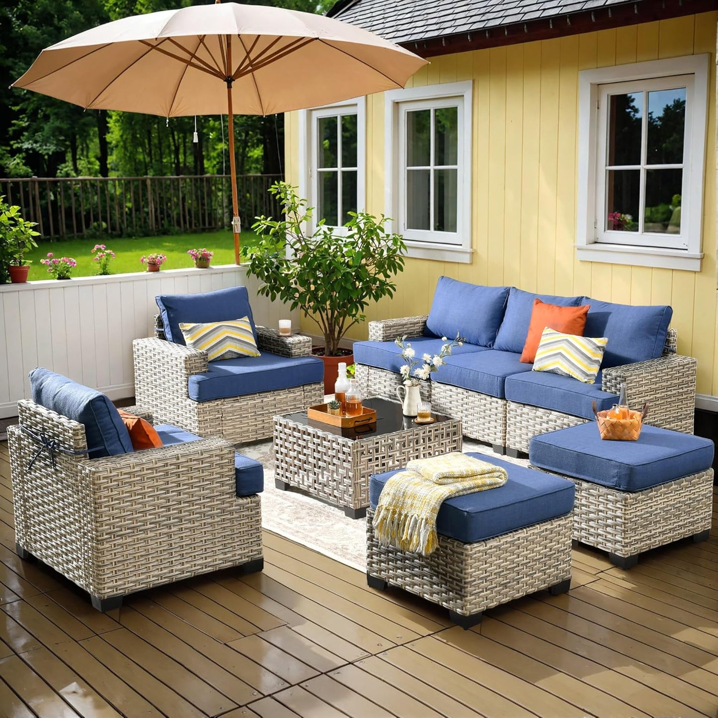 15-Piece Outdoor Sectional Sofa Set w/ 54" Fire Pit – L-Shaped Wicker Patio Furniture, Deep Seating & Swivel Rockers, Black