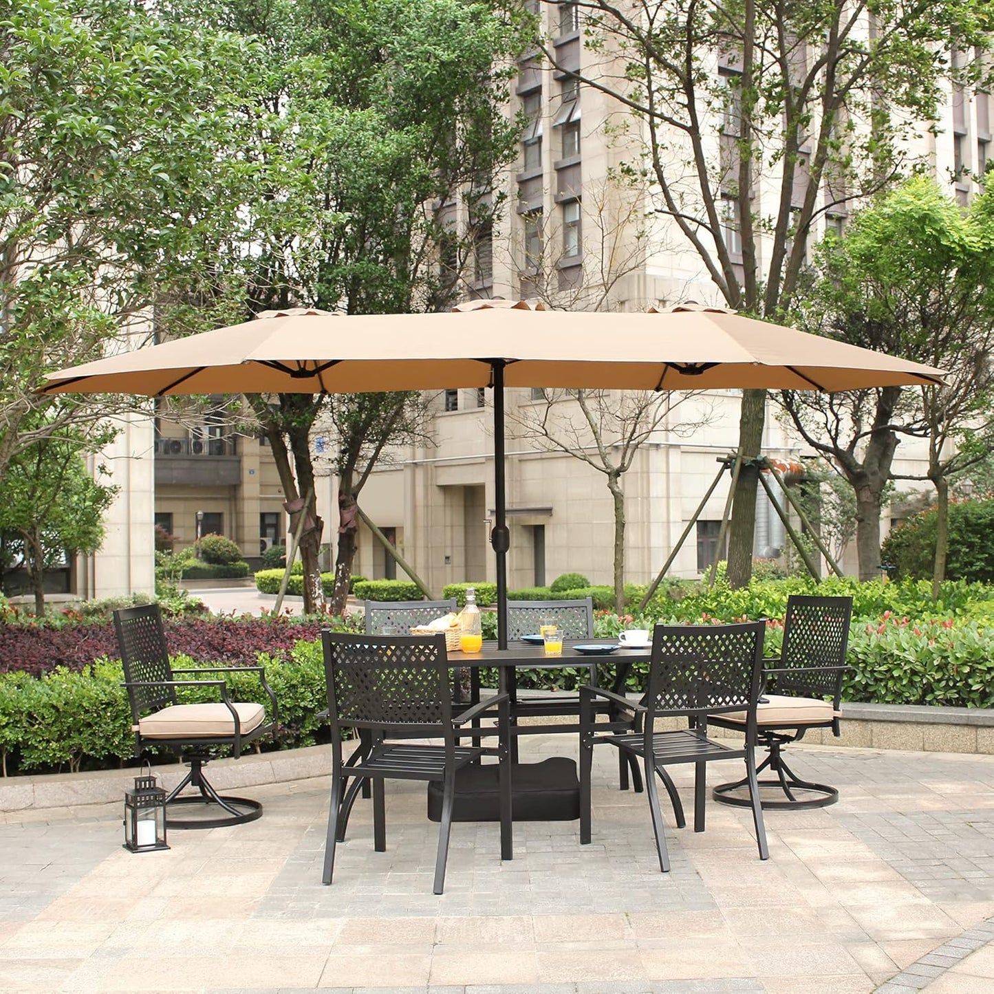 Bigroof 15ft x 9ft Patio Double-Sided Umbrella with Base & Crank, Extra Large Rectangular Outdoor Umbrella for Patio, Lawn & Garden, Beige