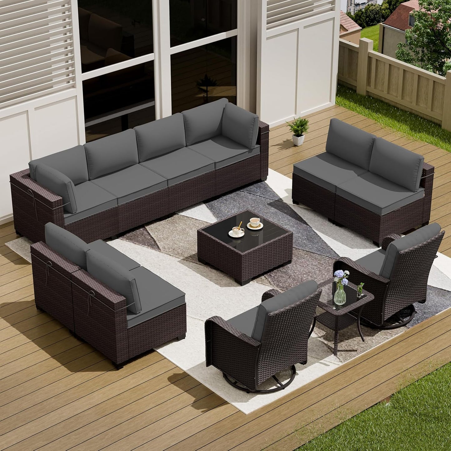 12 Pcs Outdoor Patio Furniture Set Outdoor Furniture All Weather Patio Sectional Sofa PE Wicker Modular Conversation Sets with Coffee Table, Swivel Rocking Chair (Grey)