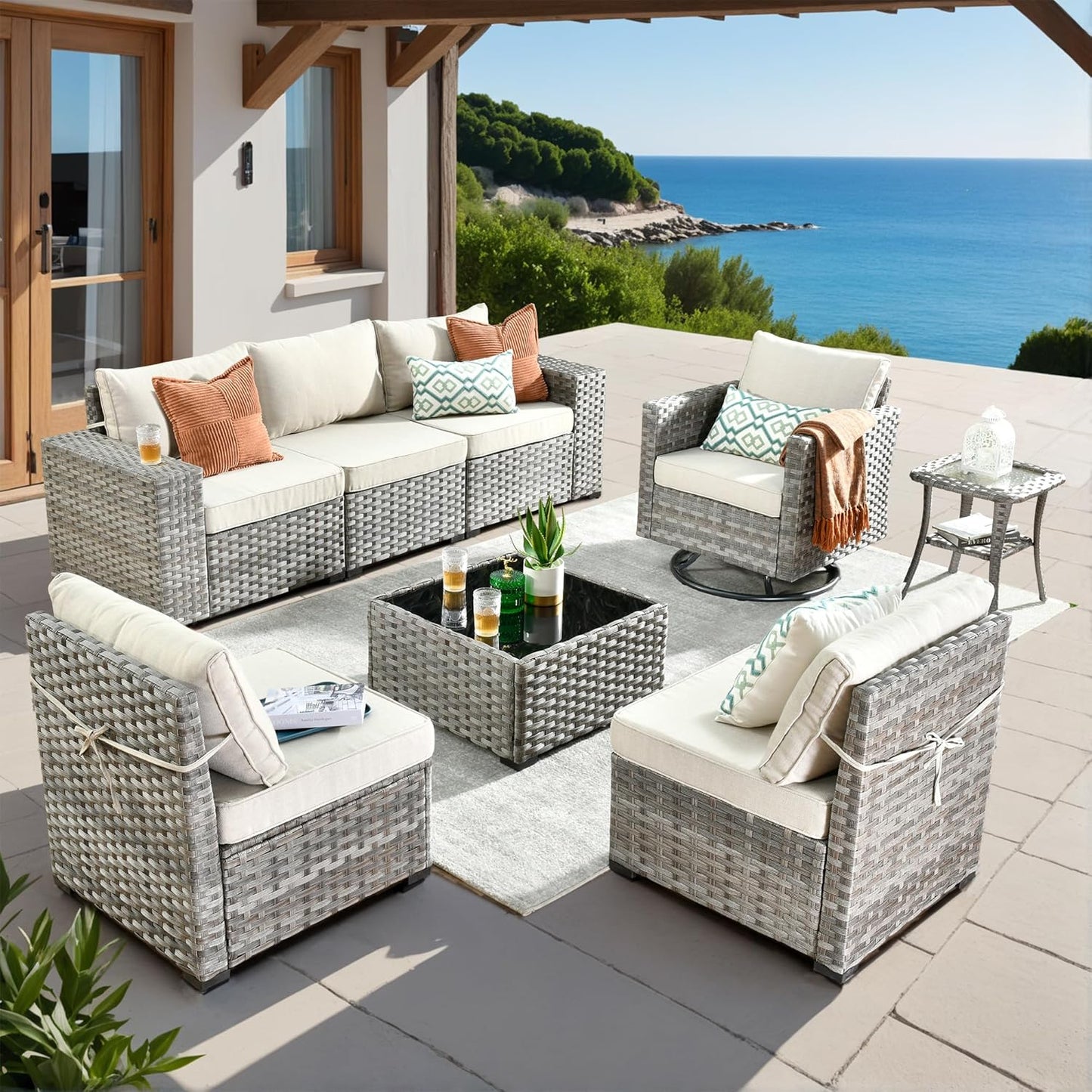 ovios 16 Pieces Patio Furniture Set, Outdoor Wicker Sectional Sofa with 54" Fire Pit Table Swivel Chairs, Modern Modular Deep Seat Rattan Couch Conversation Sets, Beige