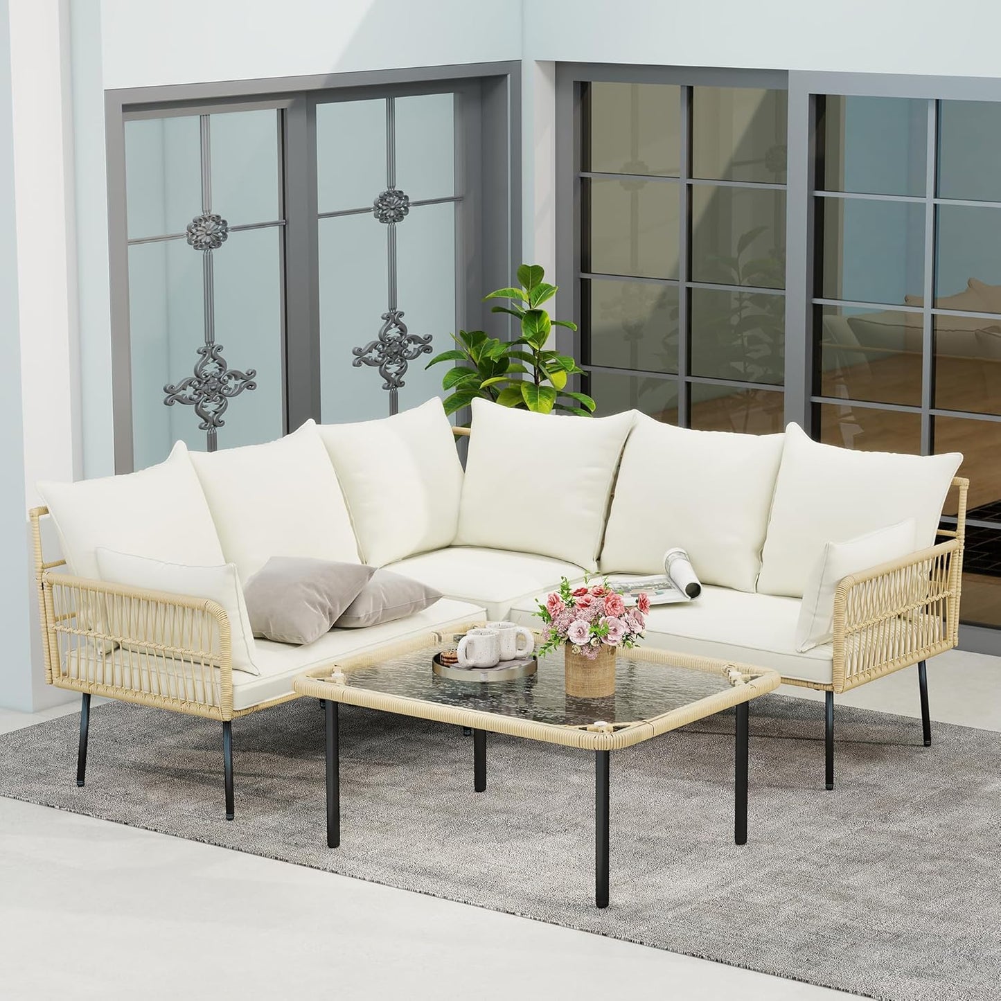 LYNSLIM Patio Furniture Set, Outdoor All-Weather Rattan Patio Sectional Couch Set, Boho Outdoor Sofa Set with Water Resistant Thick Cushions of Garden, Backyard (4 Piece Large Patio Furniture Set)