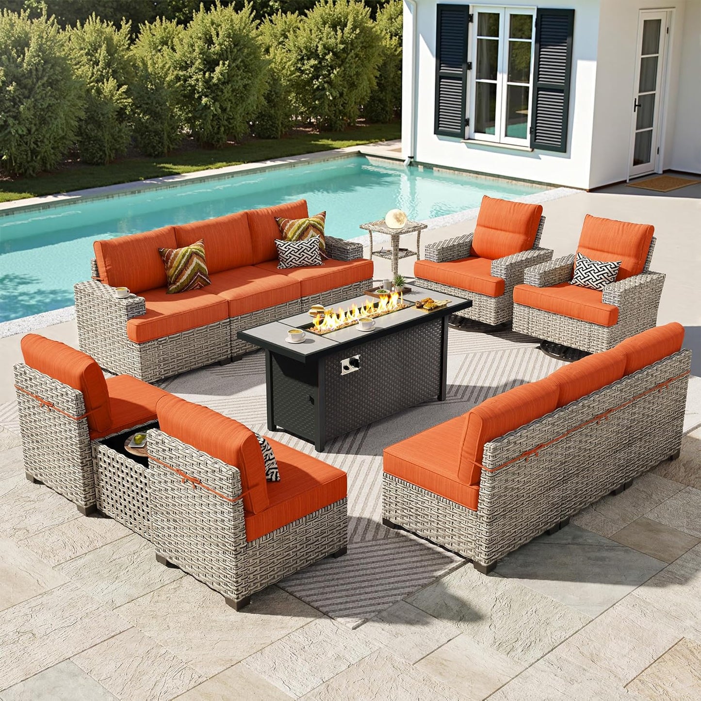 15-Piece Outdoor Sectional Sofa Set w/ 54" Fire Pit – L-Shaped Wicker Patio Furniture, Deep Seating & Swivel Rockers, Black