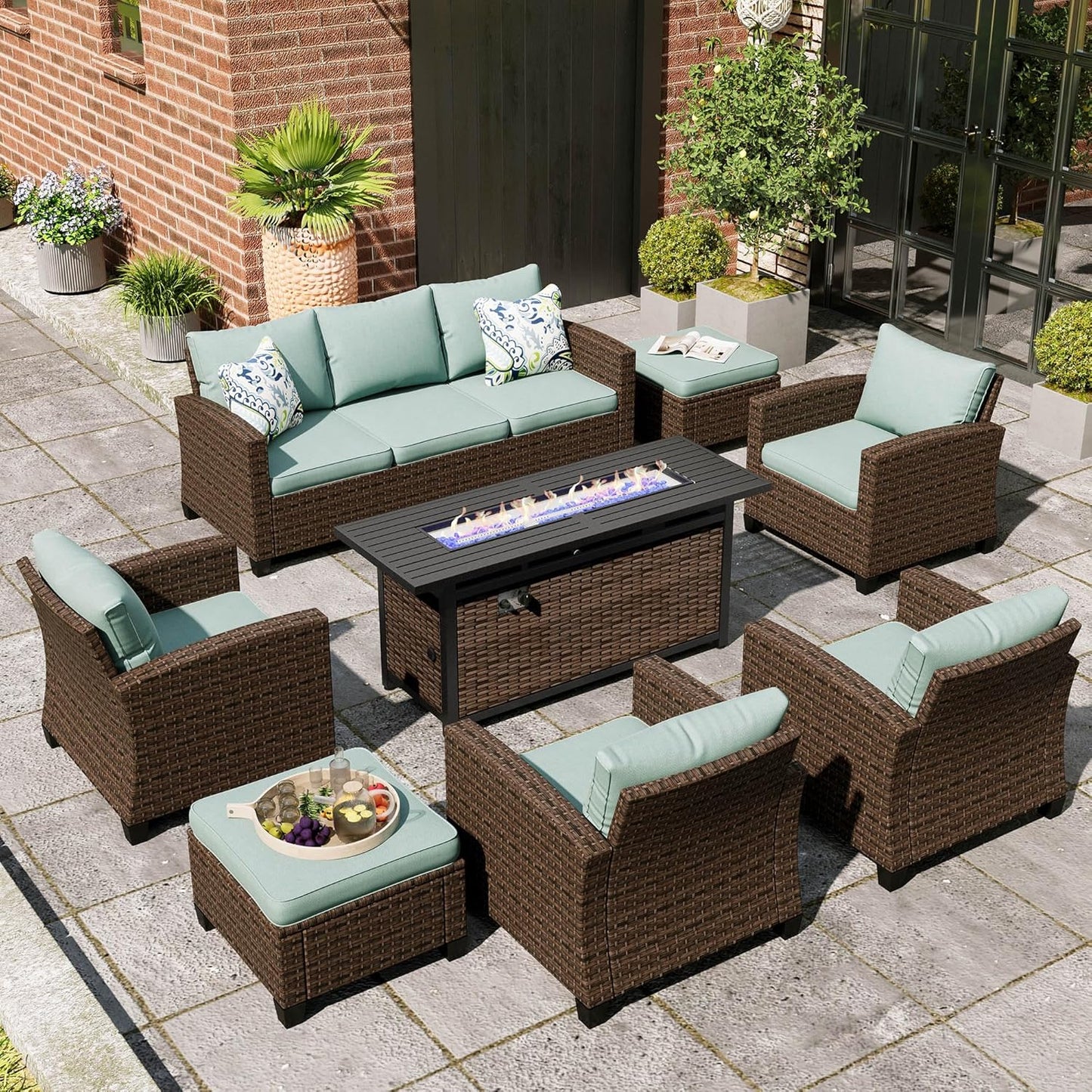 Swivel Glider Patio Furniture Set, 8 Pcs Wicker Rattan Outdoor Conversation Set, 2 x Swivel Chairs, 2 x Leg Chairs, 1 x 3 Seater Sofa and 2 x Ottomans and 56" Fire Pit Table, Blue