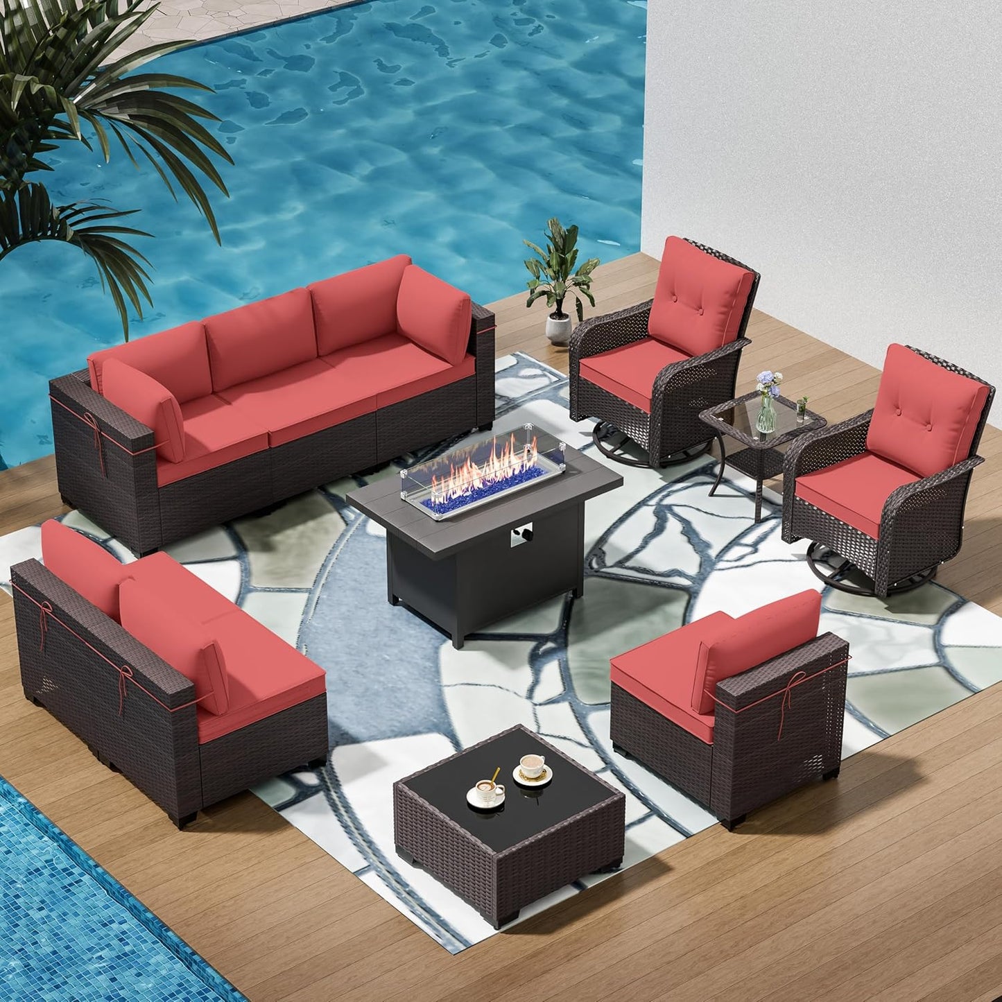 12 Pcs Outdoor Patio Furniture Set Outdoor Furniture All Weather Patio Sectional Sofa PE Wicker Modular Conversation Sets with Coffee Table, Swivel Rocking Chair (Grey)