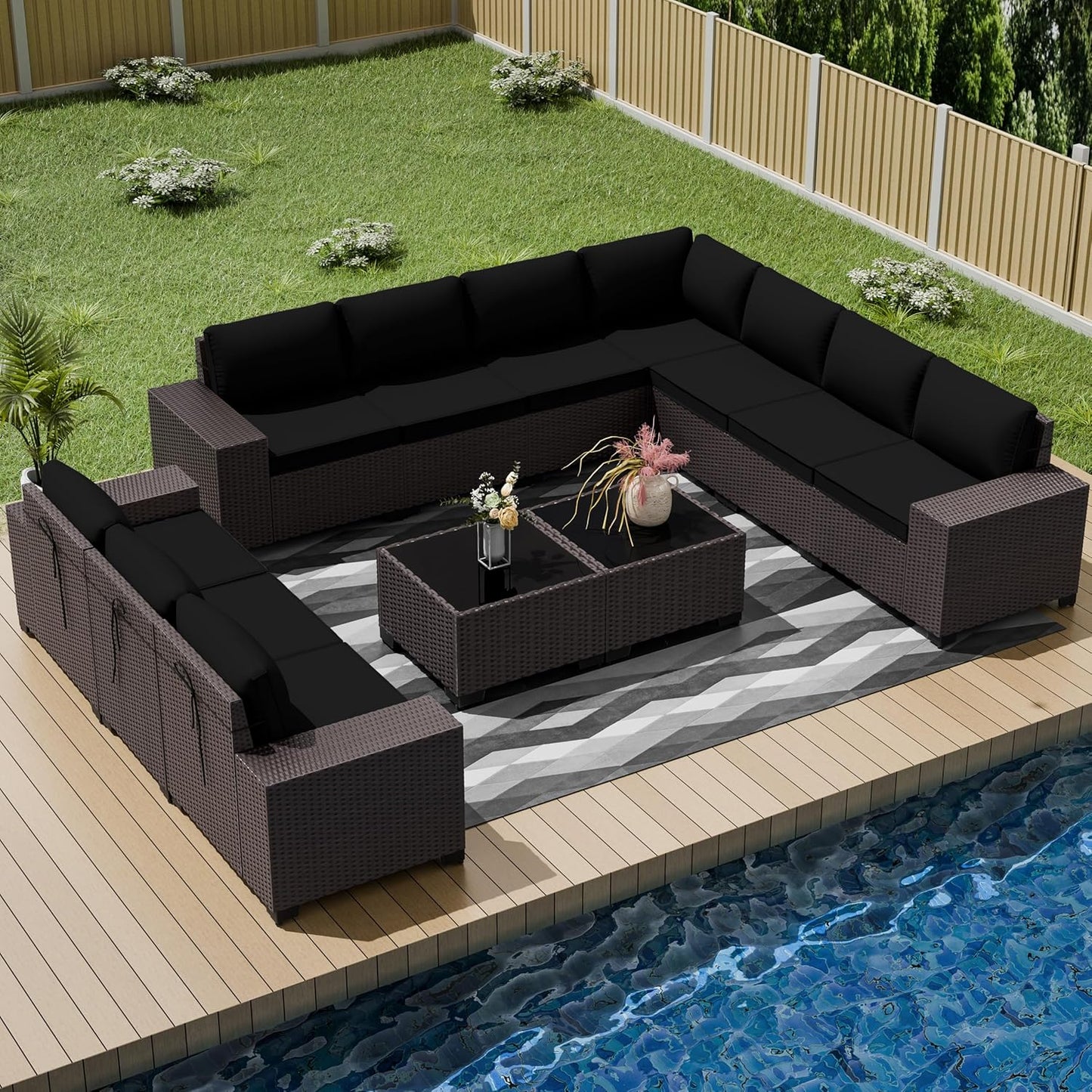 12 Pcs Outdoor Patio Furniture Set Outdoor Furniture All Weather Patio Sectional Sofa PE Wicker Modular Conversation Sets with Coffee Table, Swivel Rocking Chair (Grey)