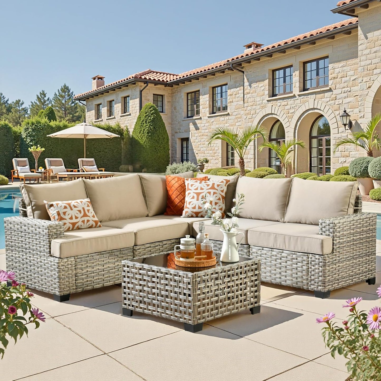 15-Piece Outdoor Sectional Sofa Set w/ 54" Fire Pit – L-Shaped Wicker Patio Furniture, Deep Seating & Swivel Rockers, Black