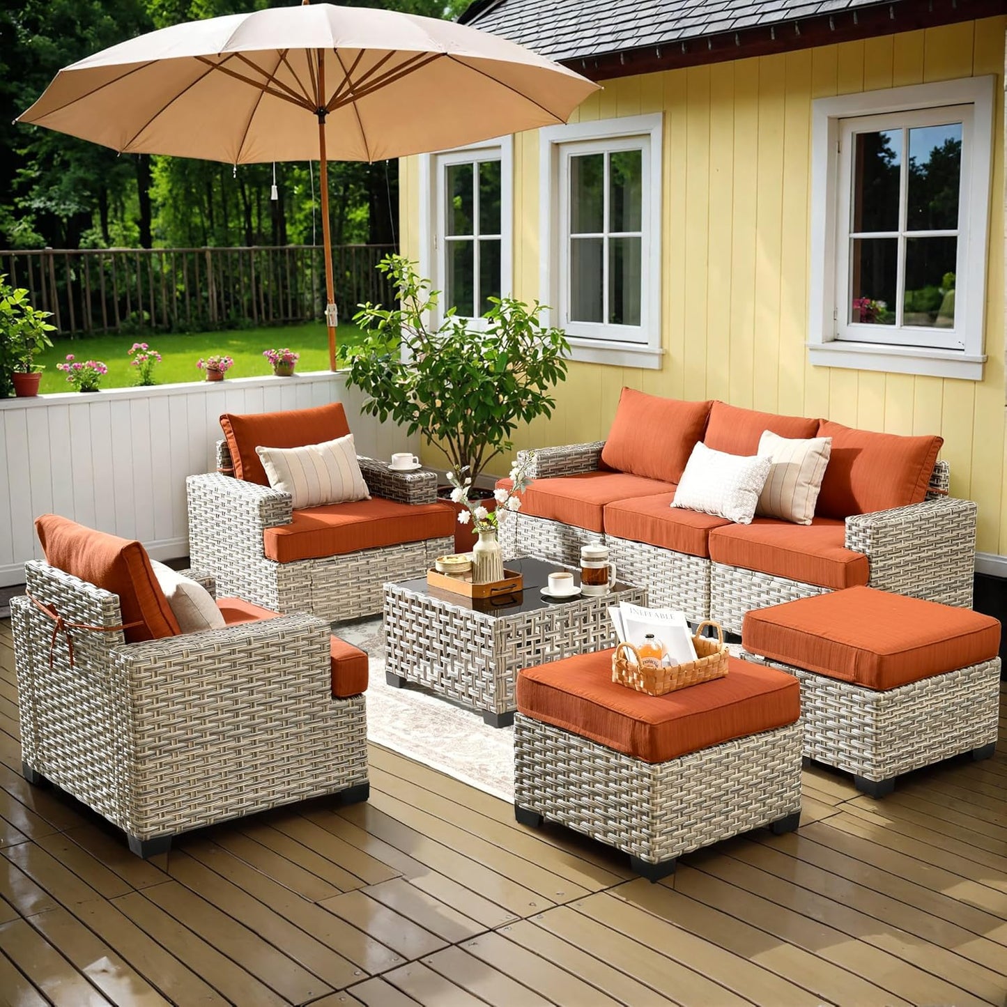 15-Piece Outdoor Sectional Sofa Set w/ 54" Fire Pit – L-Shaped Wicker Patio Furniture, Deep Seating & Swivel Rockers, Black