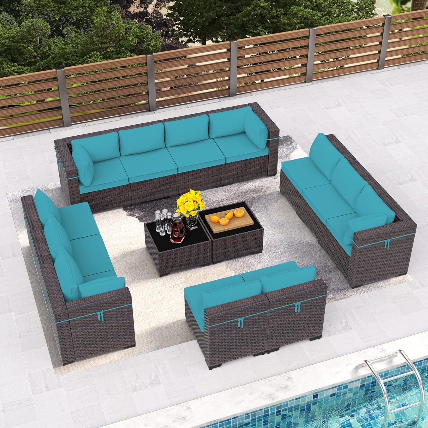 12 Pcs Outdoor Patio Furniture Set Outdoor Furniture All Weather Patio Sectional Sofa PE Wicker Modular Conversation Sets with Coffee Table, Swivel Rocking Chair (Grey)
