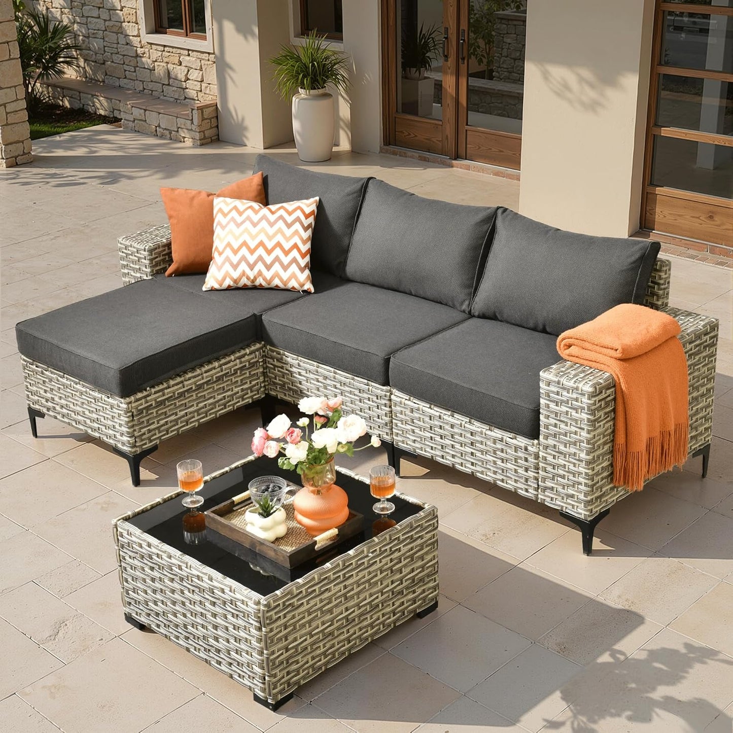 ovios 9 Pieces Patio Furniture Set Outdoor Sectional Sofa Couch with Fire Pit Table Rocking Swivel Chairs Deep Seat Chaise, Modern Modular Wicker Rattan Conversation Set, Black