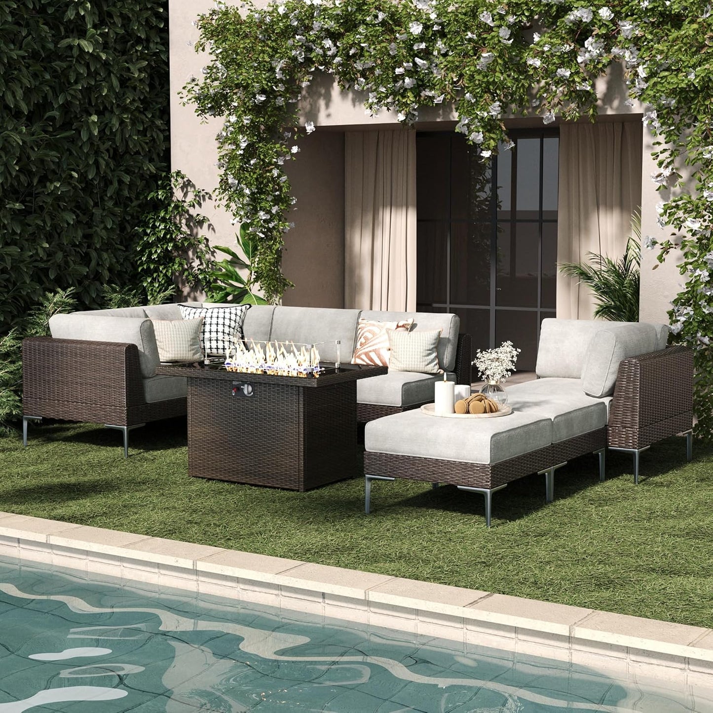 LayinSun 10-Piece Outdoor Modular Wicker Sectional Sofa with Fire Pit Table, Patio Furniture Conversation Set with Deep Seating and Thick Cushions