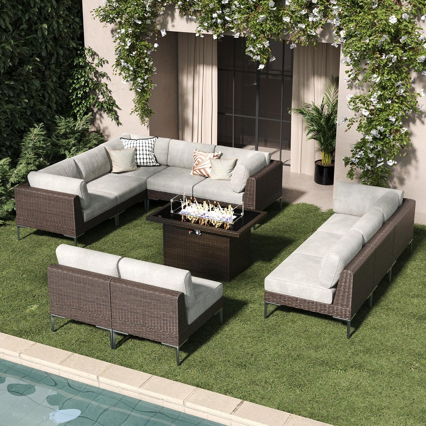 LayinSun 10-Piece Outdoor Modular Wicker Sectional Sofa with Fire Pit Table, Patio Furniture Conversation Set with Deep Seating and Thick Cushions