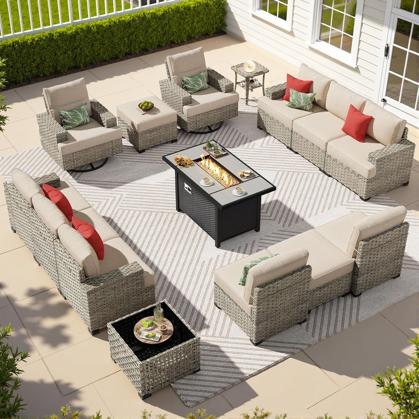 15-Piece Outdoor Sectional Sofa Set w/ 54" Fire Pit – L-Shaped Wicker Patio Furniture, Deep Seating & Swivel Rockers, Black