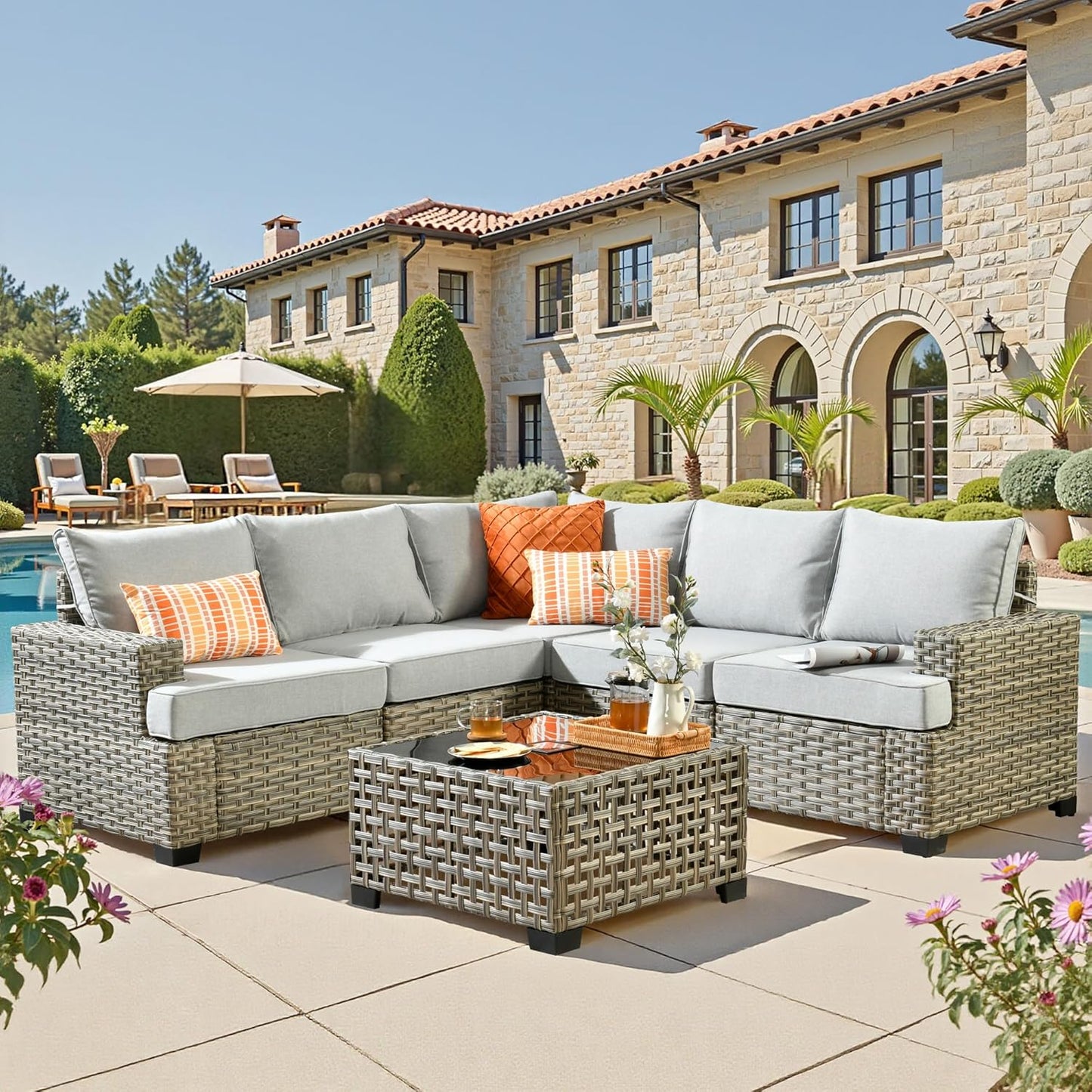 15-Piece Outdoor Sectional Sofa Set w/ 54" Fire Pit – L-Shaped Wicker Patio Furniture, Deep Seating & Swivel Rockers, Black